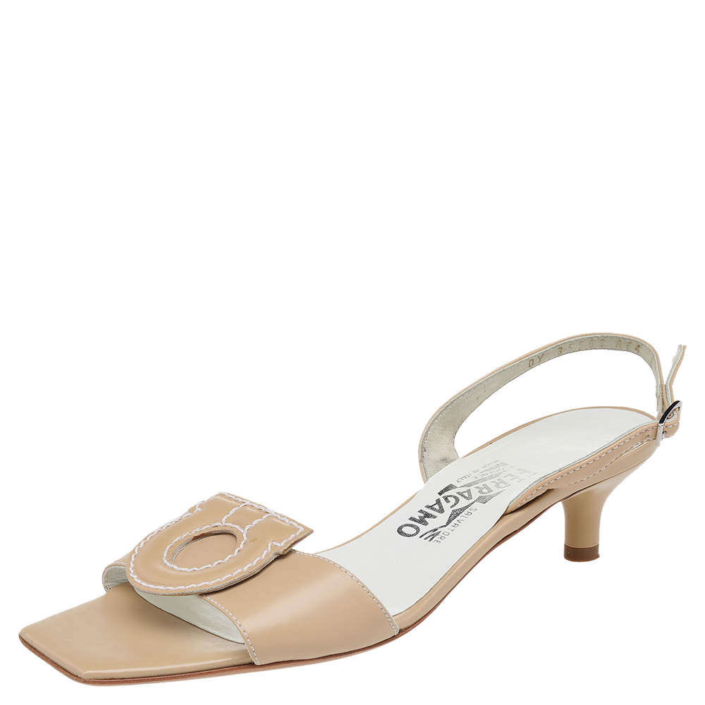 Pre Owned Salvatore Ferragamo Beige Block Heel Slingback Sandals Size 38.5