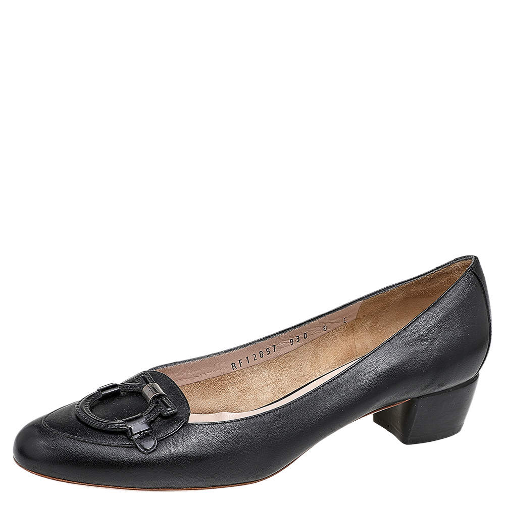 Pre Owned Salvatore Ferragamo Black Leather Block Heel Pumps Size 38.5