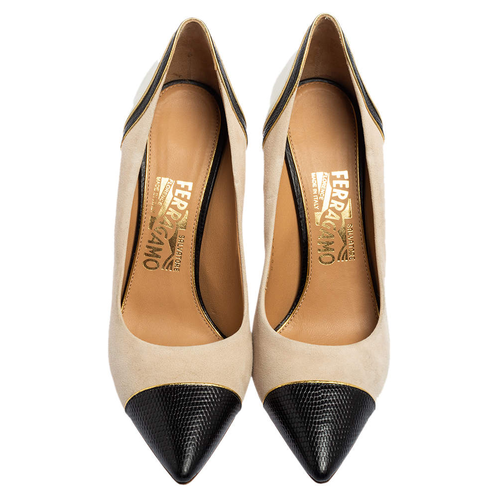 Pre Owned Salvatore Ferragamo Tri-Color Suede and Lizard Embossed Leather Pointed Cap Toe Pumps Size 37.5