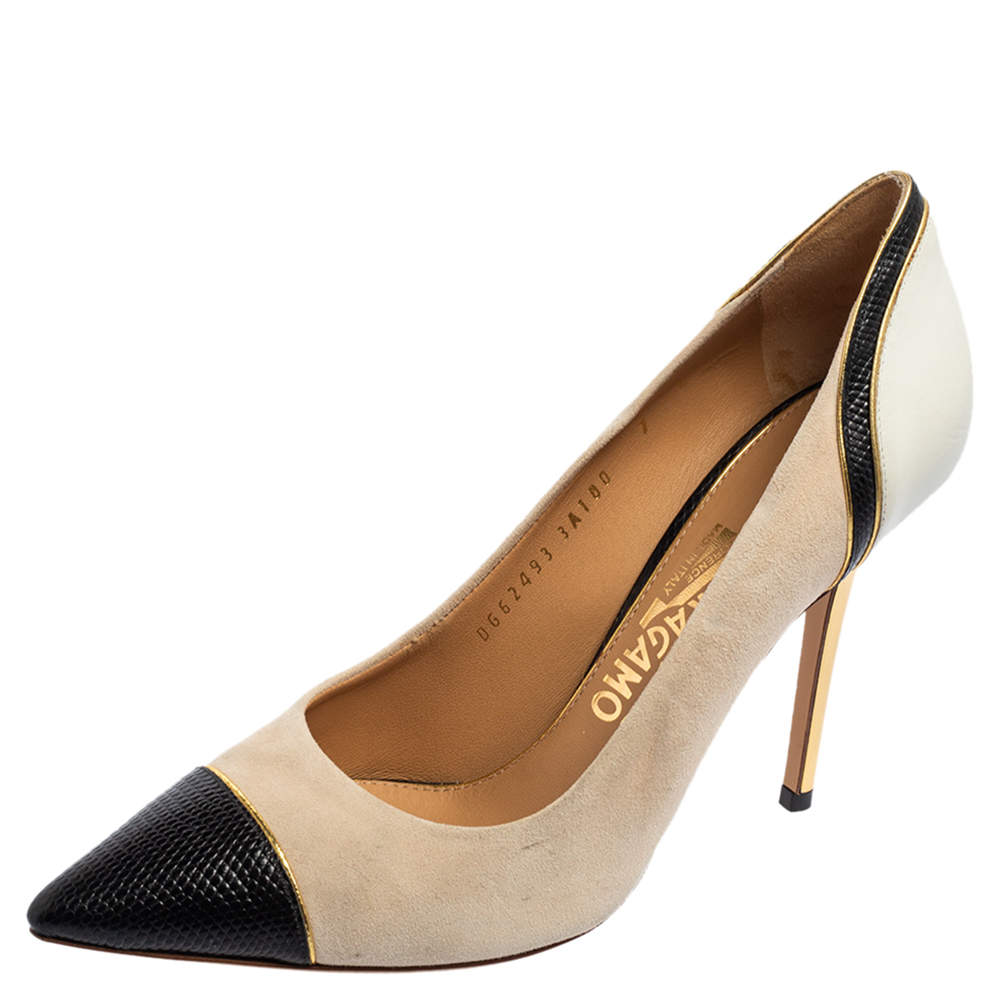 Pre Owned Salvatore Ferragamo Tri-Color Suede and Lizard Embossed Leather Pointed Cap Toe Pumps Size 37.5