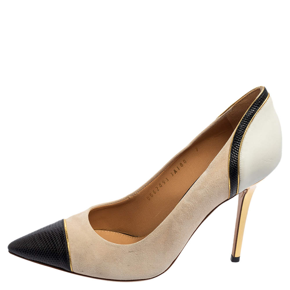 Pre Owned Salvatore Ferragamo Tri-Color Suede and Lizard Embossed Leather Pointed Cap Toe Pumps Size 37.5