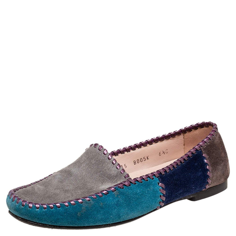 Salvatore Ferragamo Multicolor Suede Slip On Loafers Size 37.5