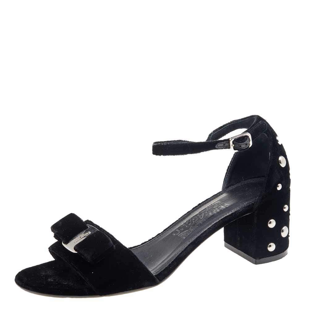 Salvatore Ferragamo Black Velvet Studded Block Heel Ankle Strap Sandals Size 38