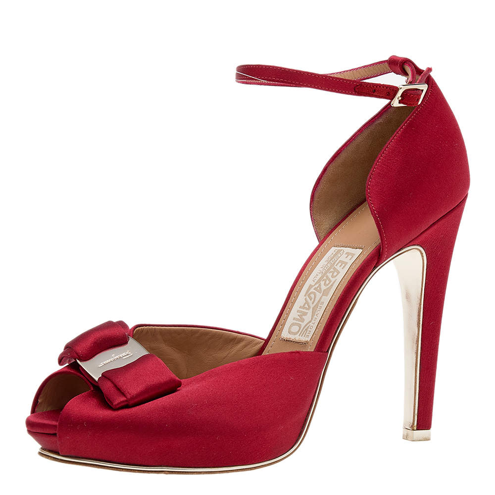 Pre Owned Salvatore Ferragamo Red Satin Vara Bow Ankle Strap Sandals Size 38