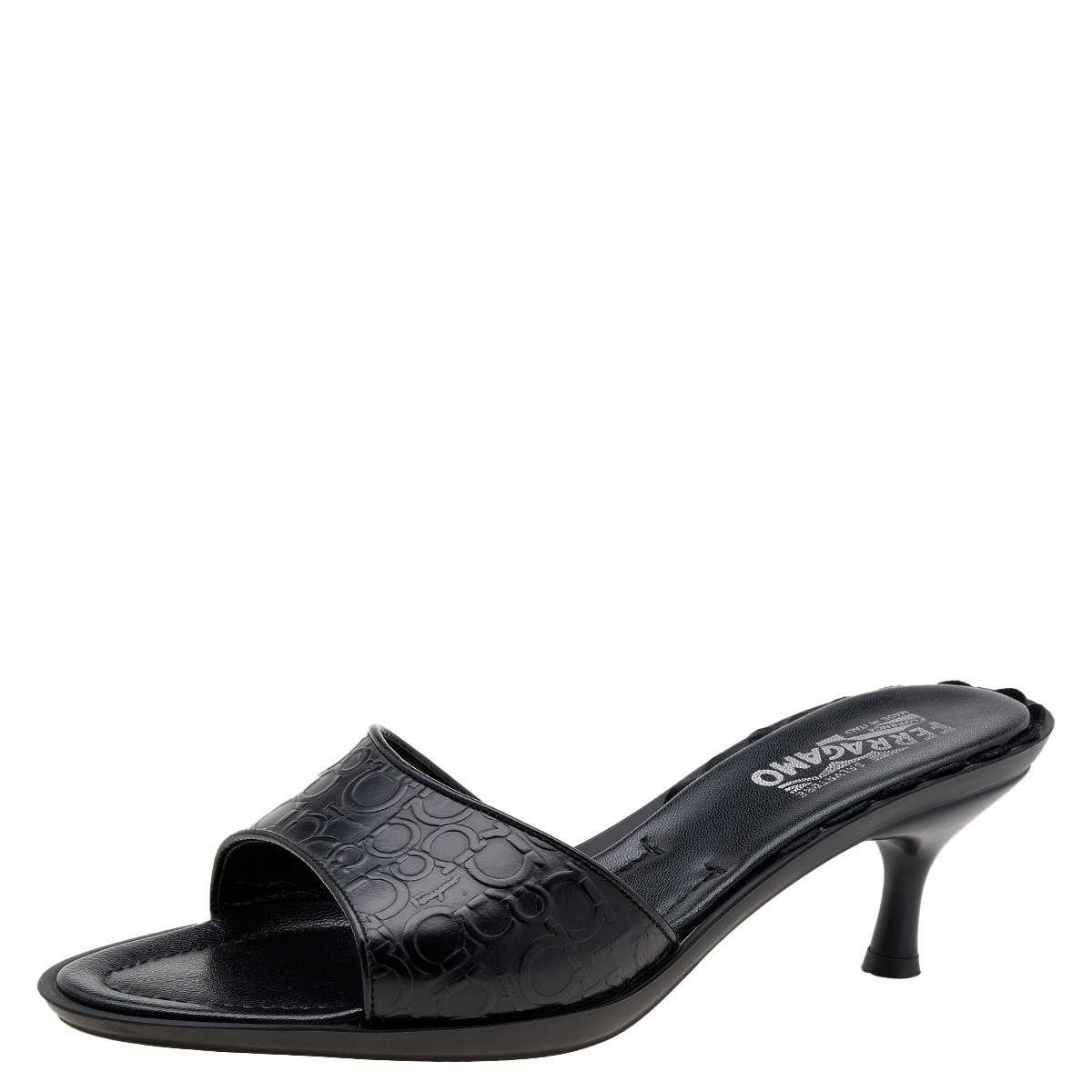 Salvatore Ferragamo Black Gancini Embossed Leather Slide Sandals Size 40