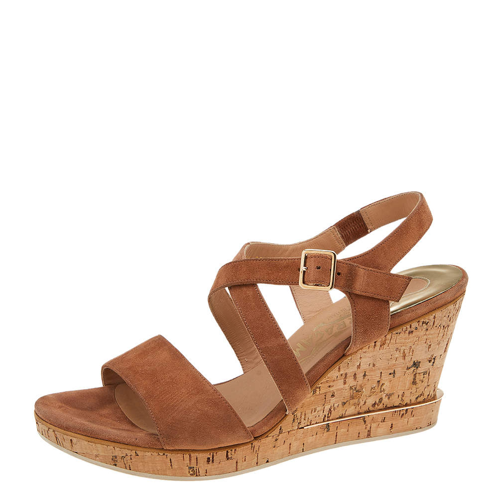 Pre Owned Salvatore Ferragamo Brown Suede Cork Wedge Sandals Size 40.5