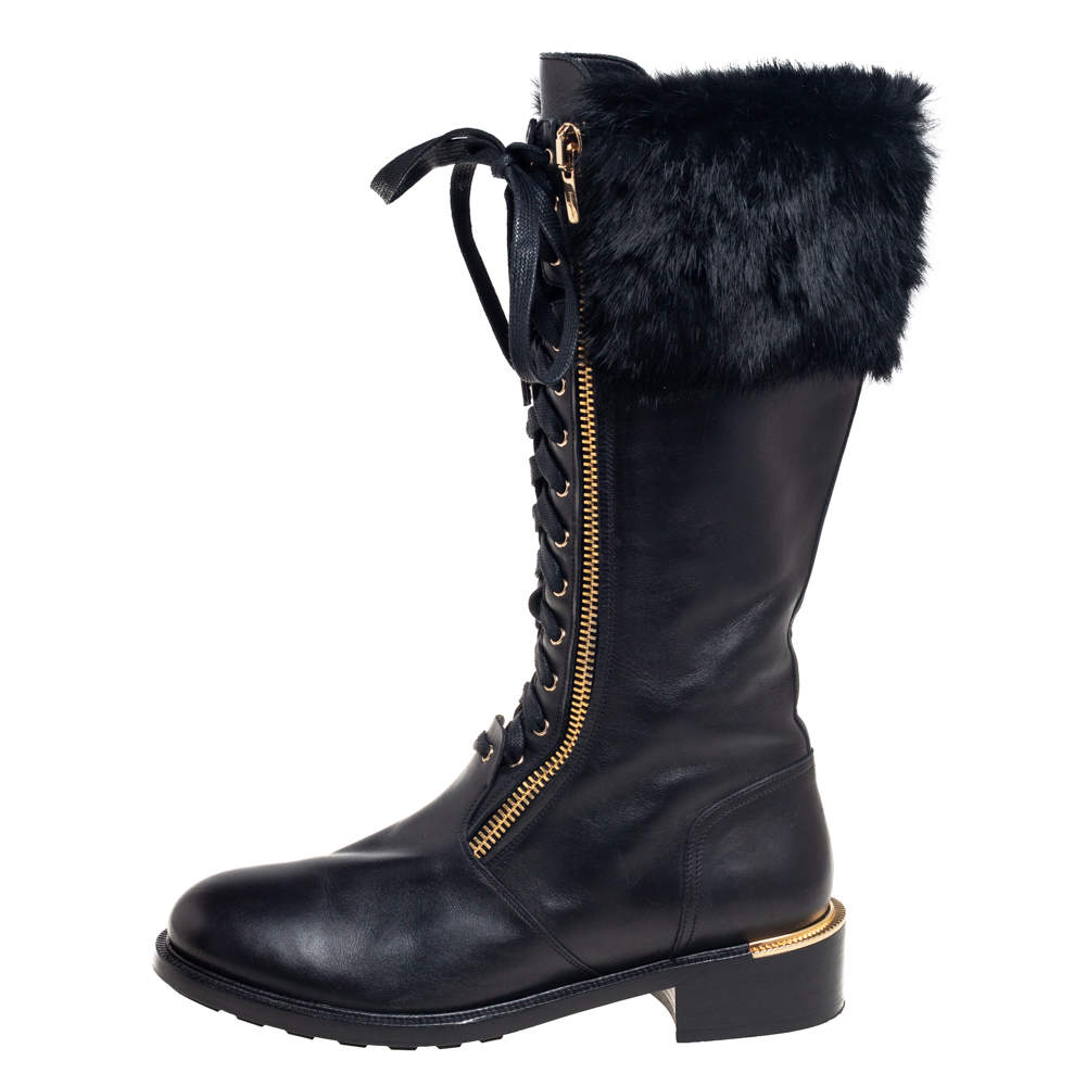 Pre Owned Salvatore Ferragamo Black Leather And Fur Trim Lapo Tall Combat Boots Size 39