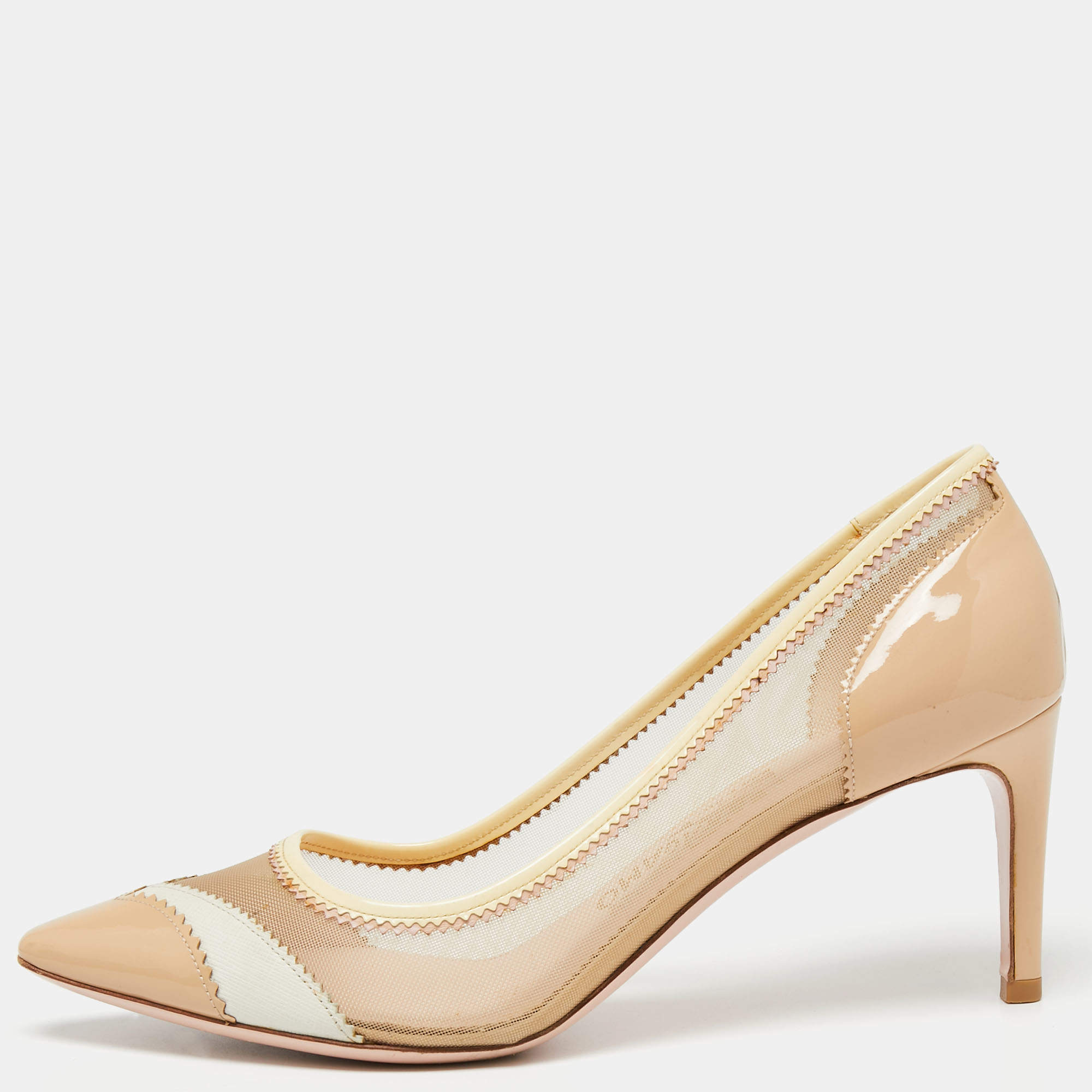 Pre Owned Salvatore Ferragamo Beige Patent And Net Pointed Toe Pumps Size 38