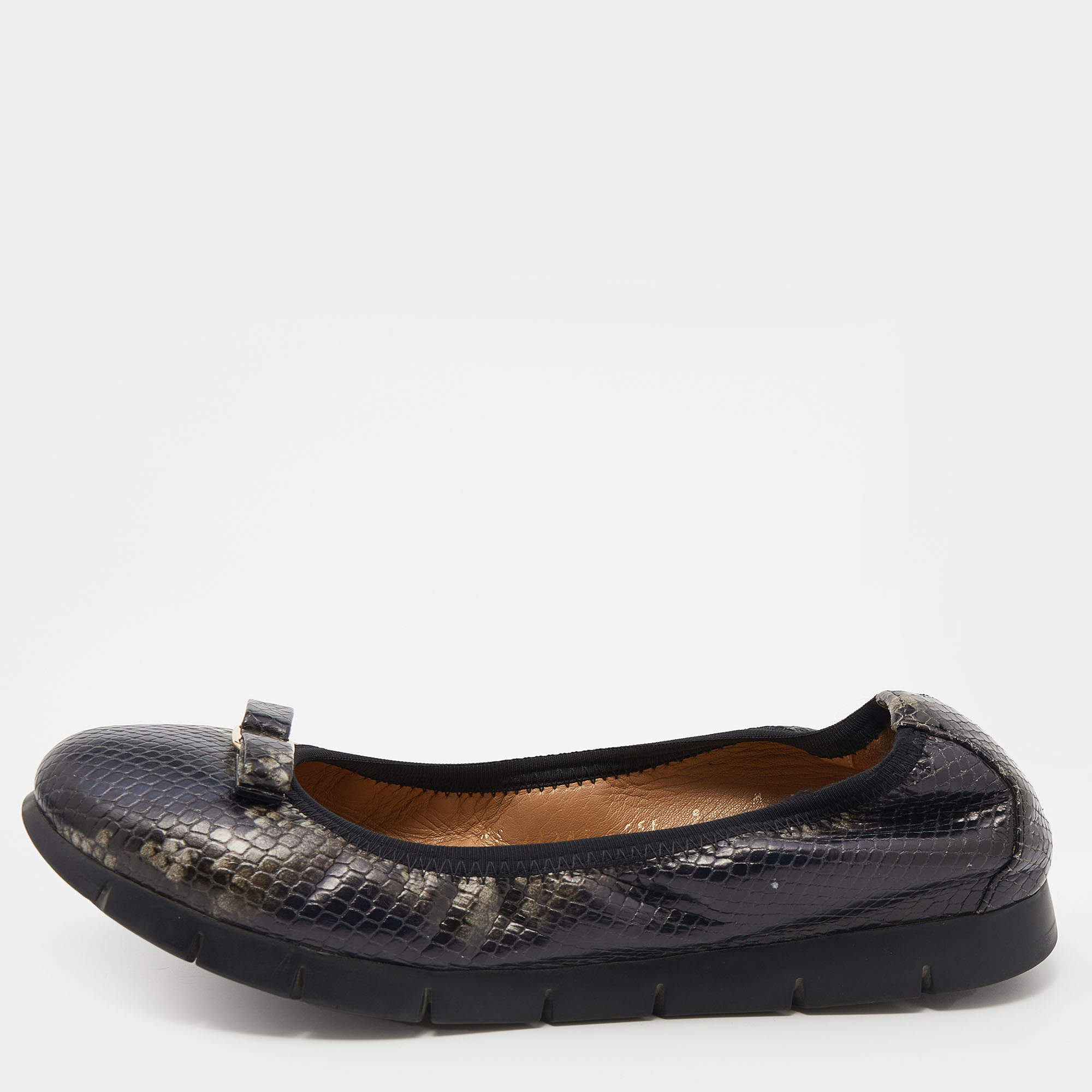 مملوكة مسبقًا Salvatore Ferragamo Brown Python Embossed Leather Vara Bow Scrunch Ballet Flats Size 39.5