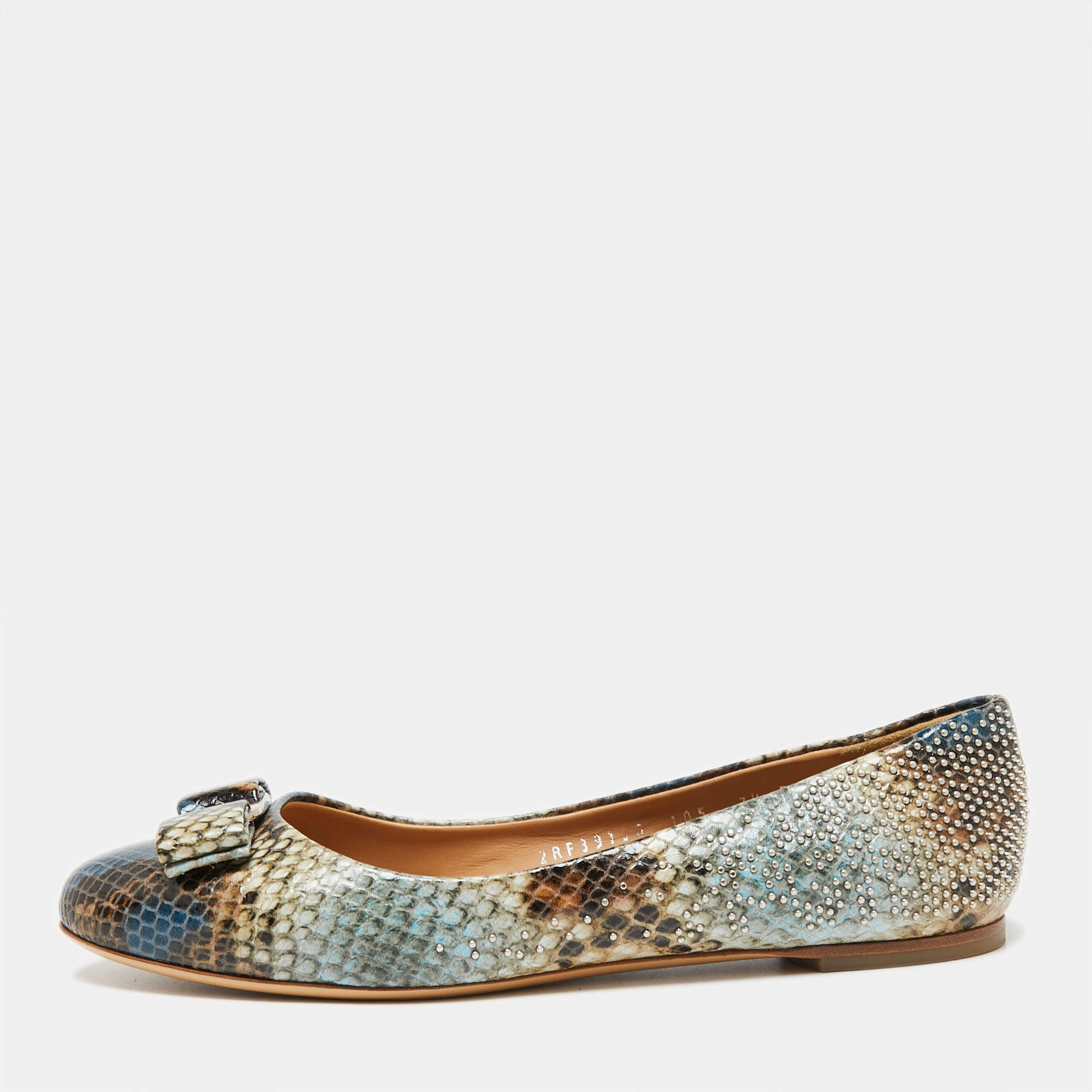 مملوكة مسبقًا Salvatore Ferragamo Multicolor Python Embossed Leather Varina Bow Ballet Flats Size 38