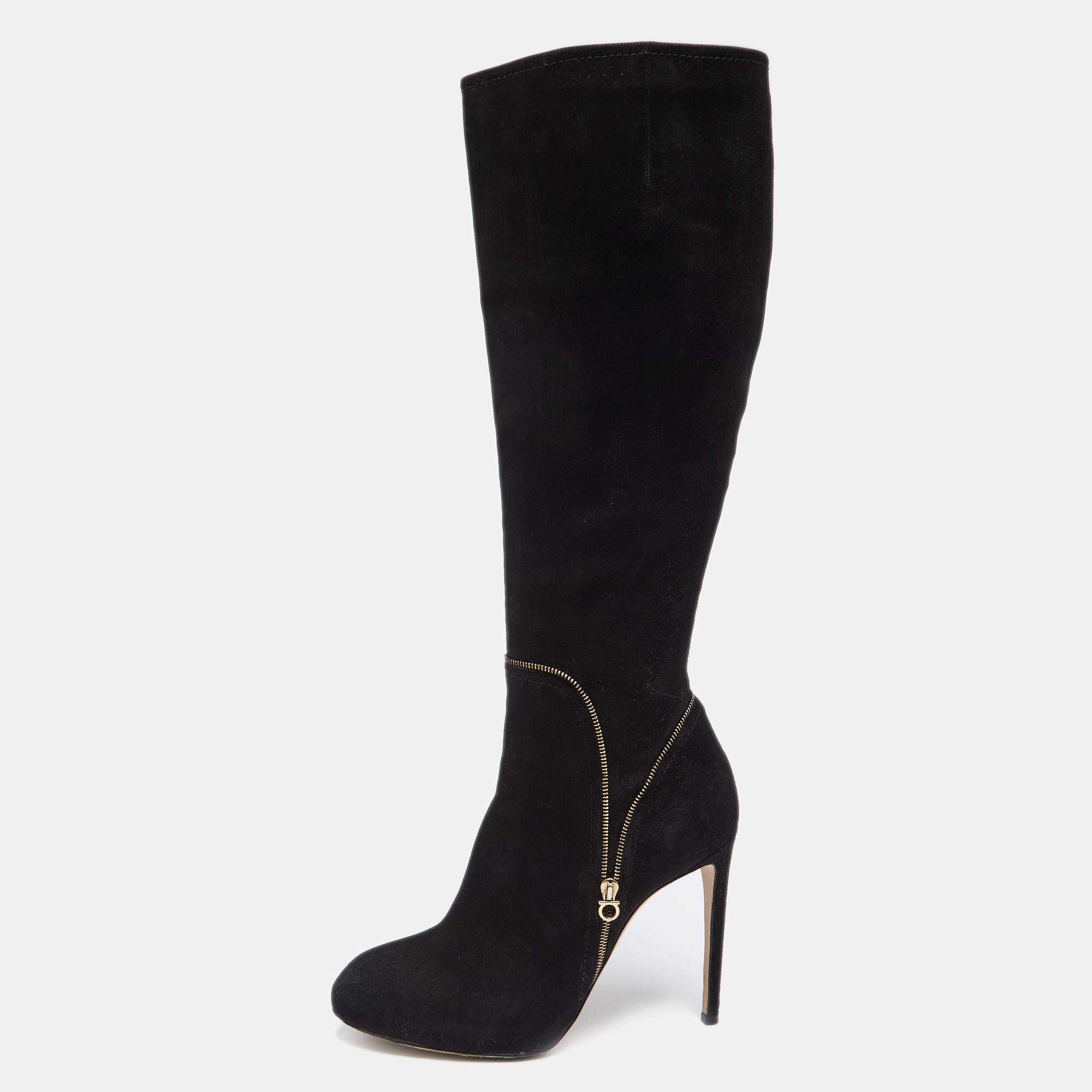 Pre Owned Salvatore Ferragamo Black Suede Zip Detail Knee Length Boots Size 39.5