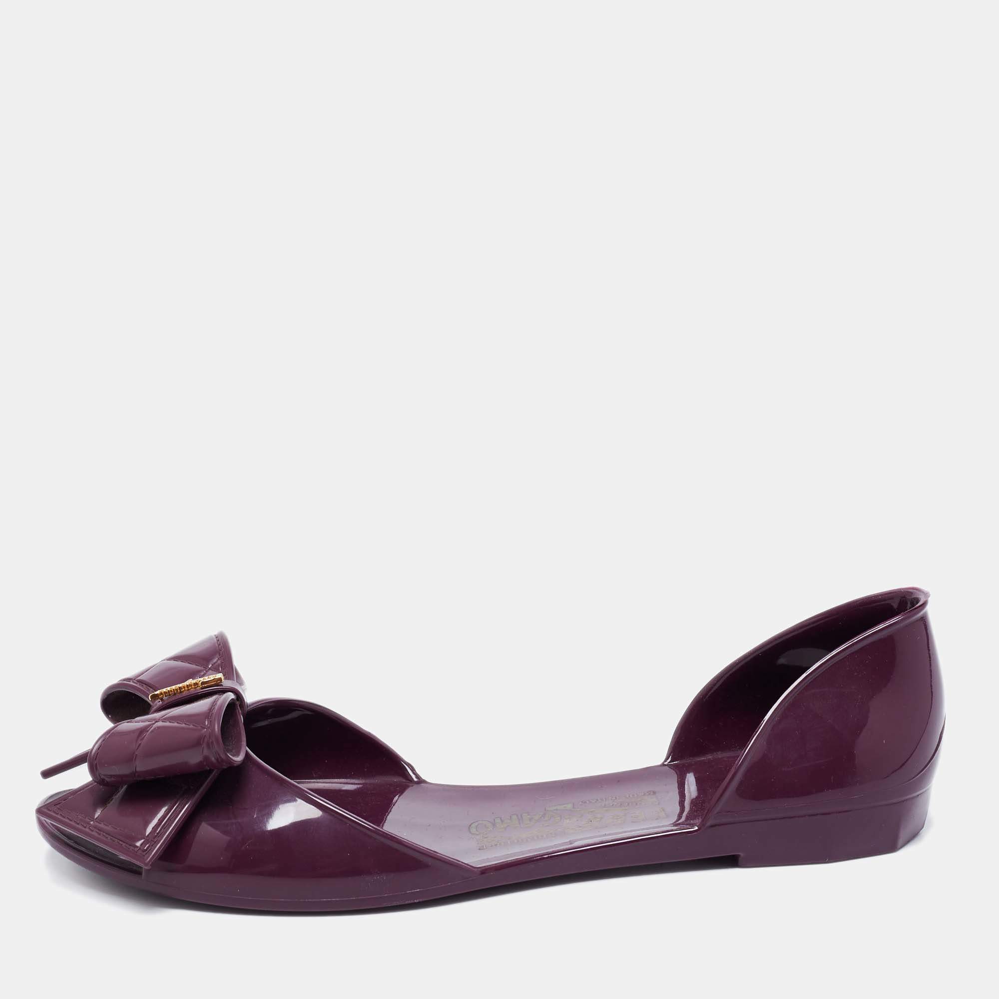 Salvatore Ferragamo Burgundy Jelly Barbados Bow Flat Sandals Size 37.5