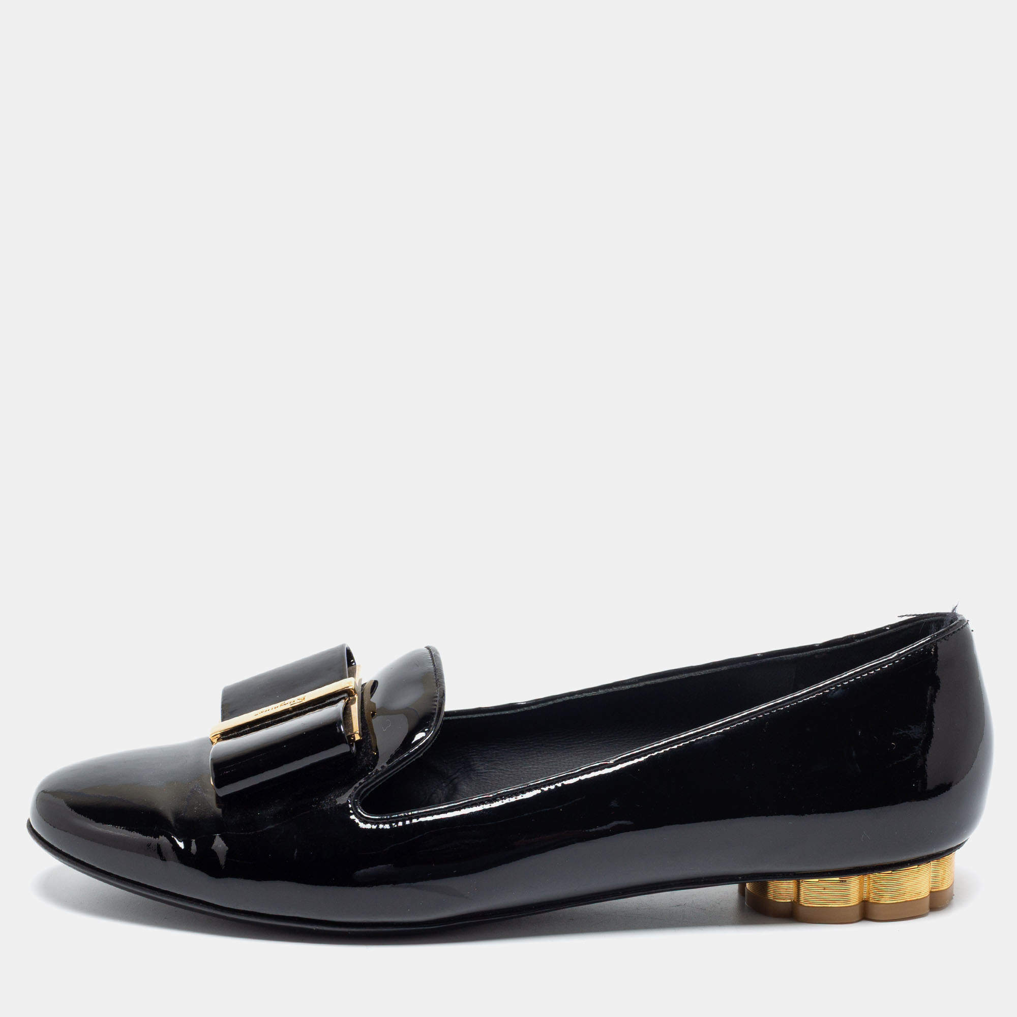 Salvatore Ferragamo Black Patent Leather Bow Sarno Flower Heel Loafers Size 37