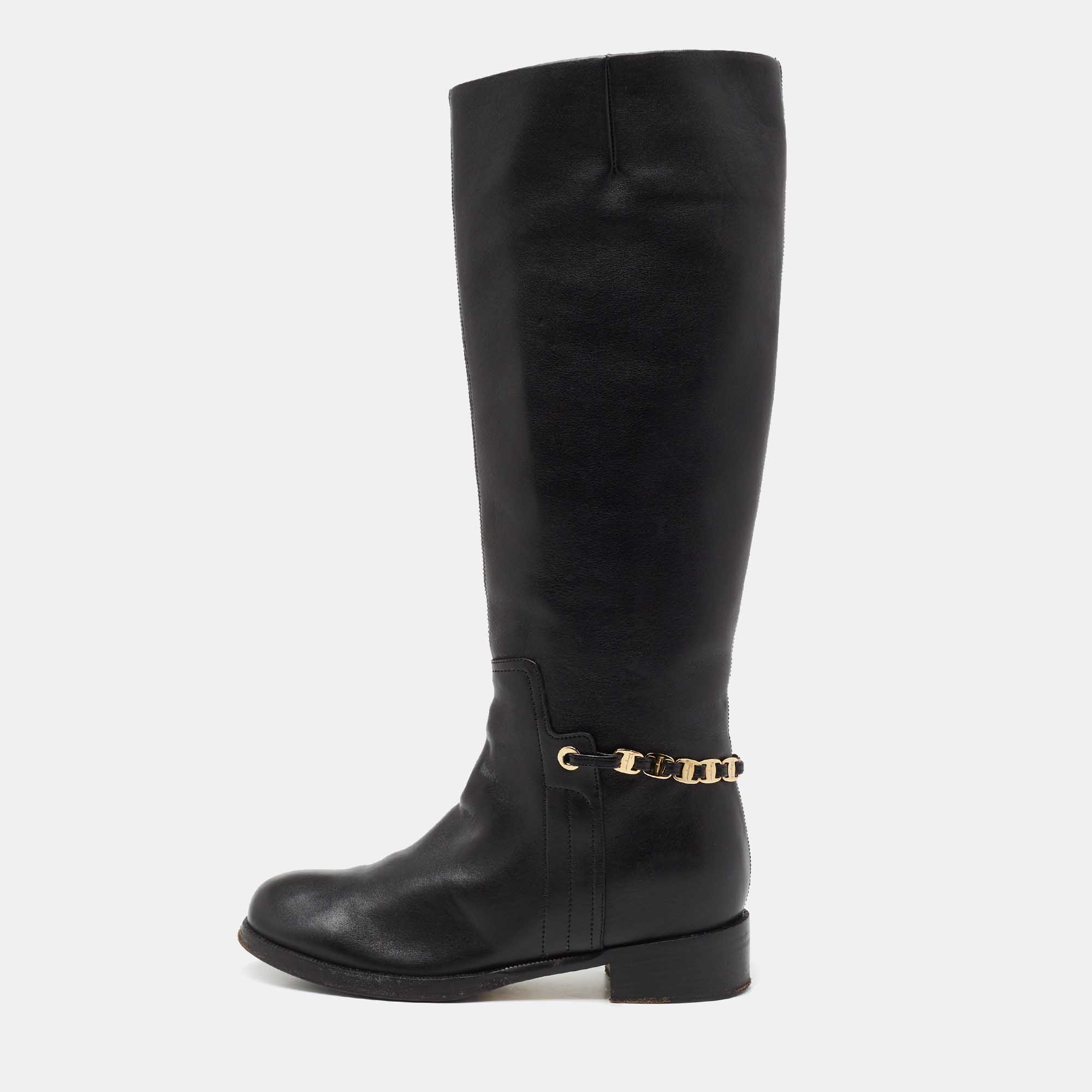 Pre Owned Salvatore Ferragamo Black Leather Knee Length Boots Size 37.5
