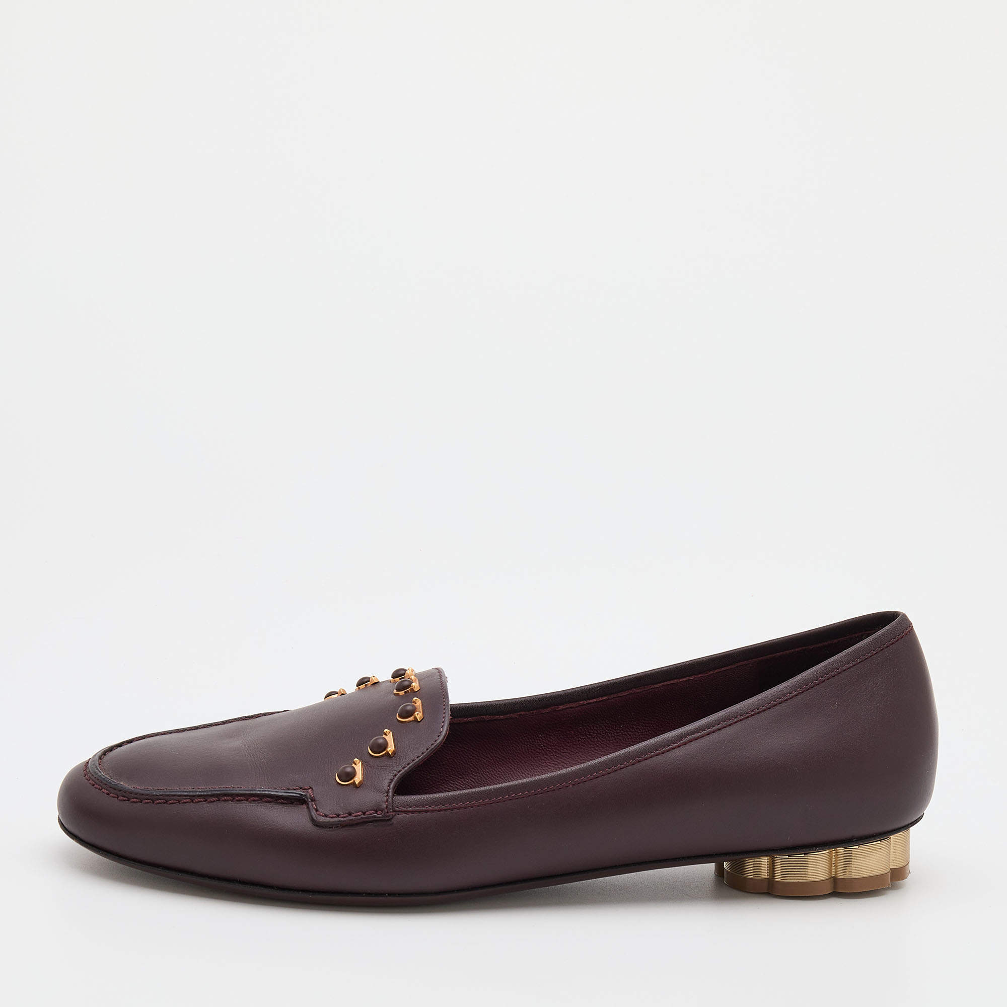 Pre Owned Salvatore Ferragamo Burgundy Leather Studded Flower Heel Loafers Size 38.5