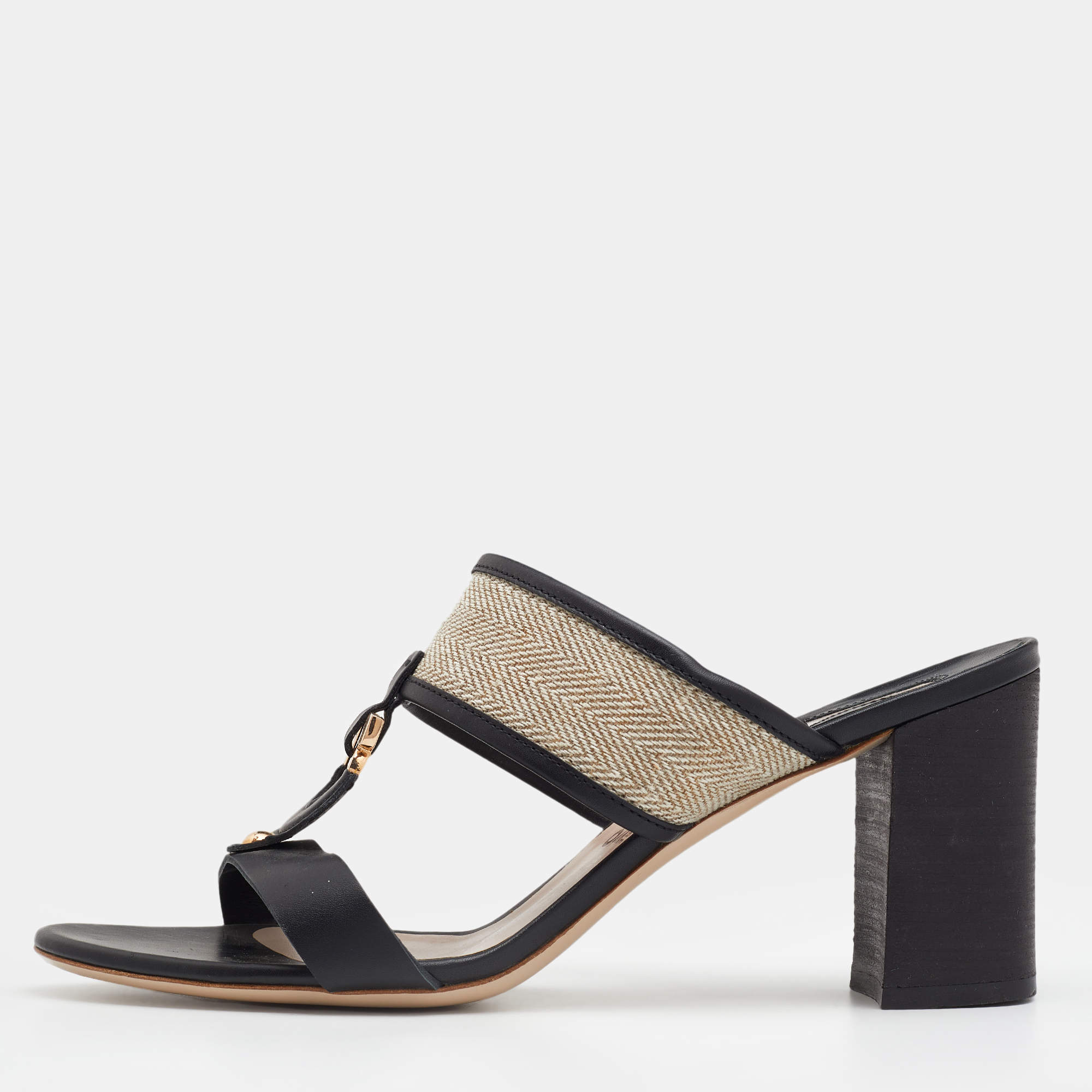 Salvatore Ferragamo Black Canvas and Leather Gancini Slides Size 39.5