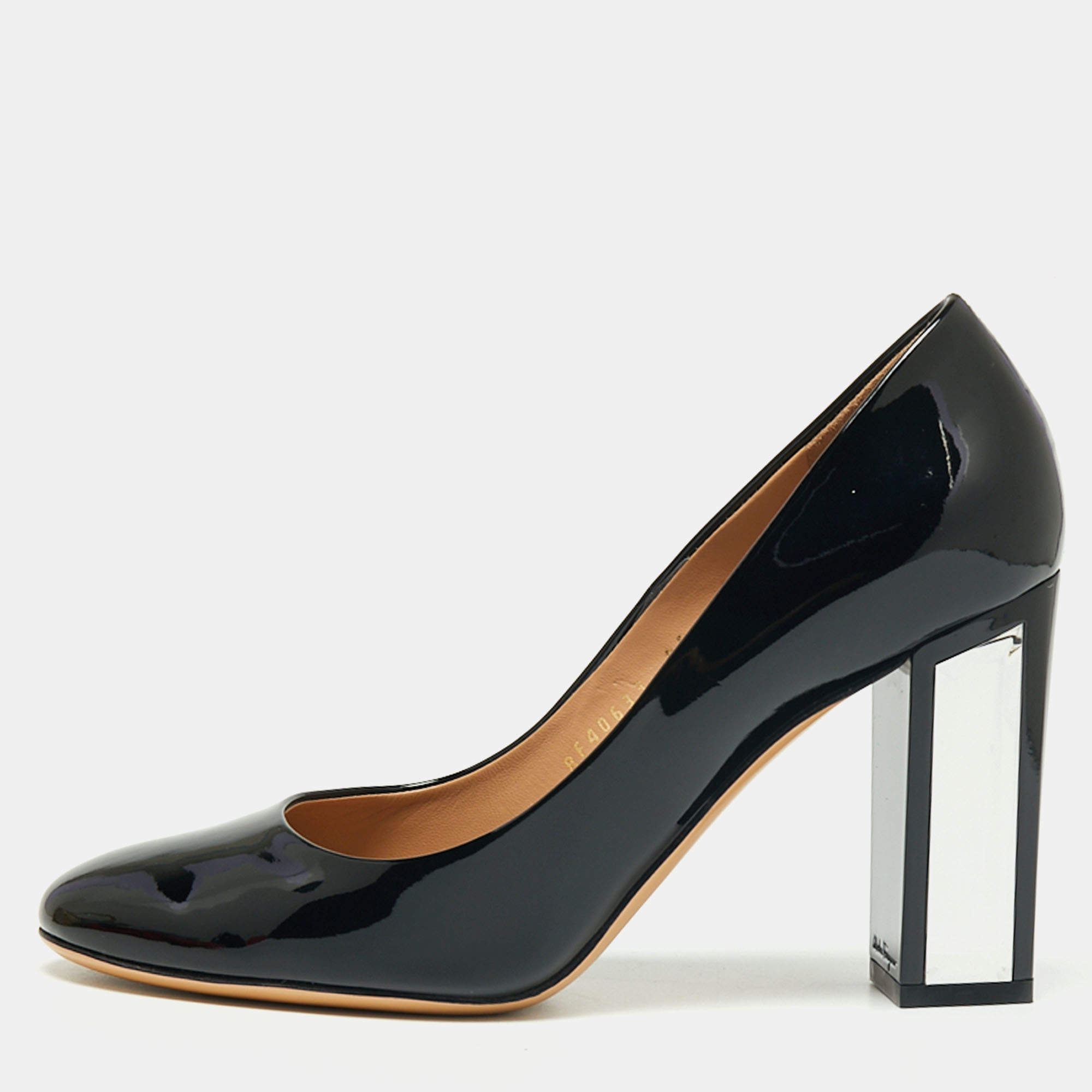 Pre Owned Salvatore Ferragamo Black Patent Leather Ninfea Lucite Block Heel Pumps Size 38.5
