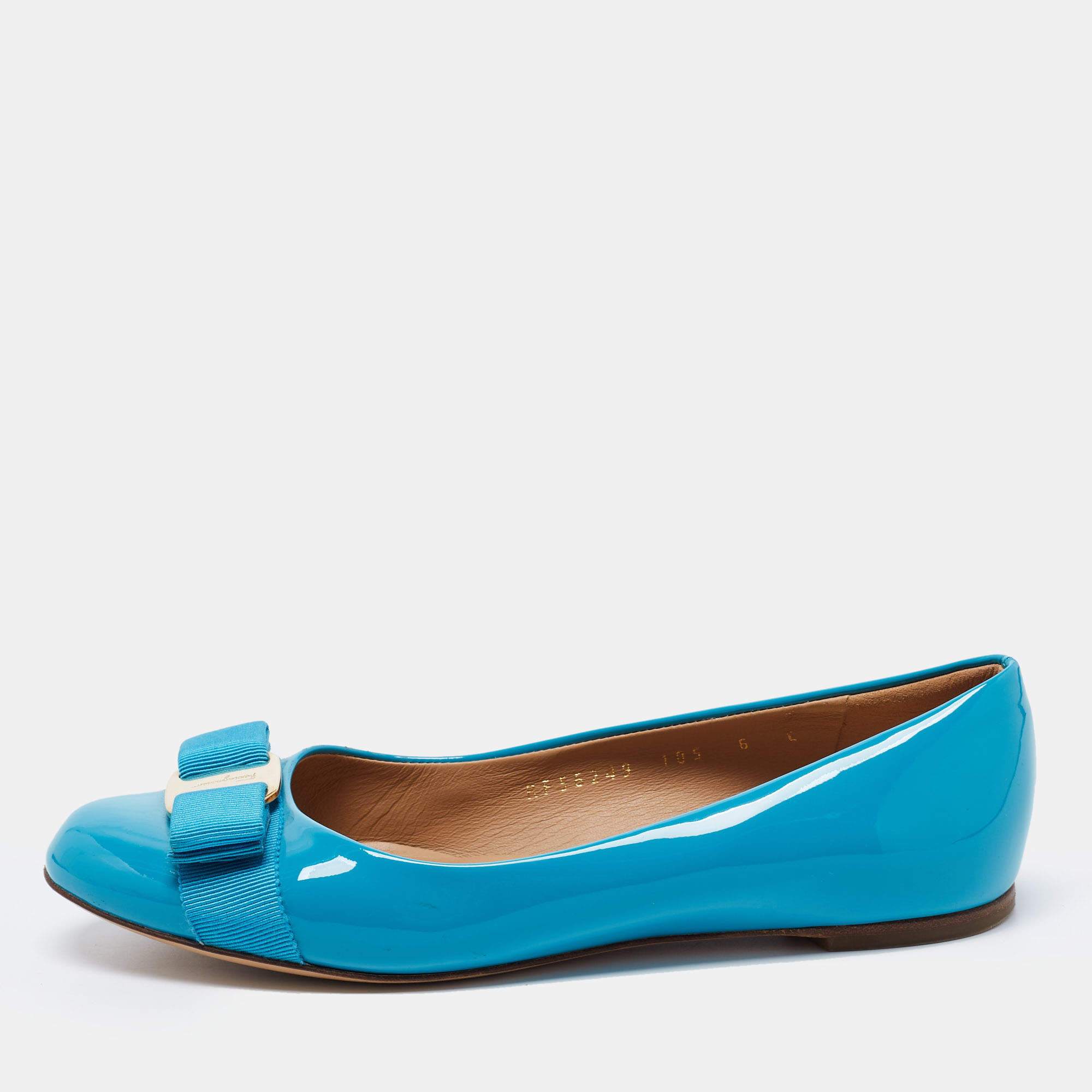 Pre Owned Salvatore Ferragamo Blue Patent Leather Vara Bow Flats Size 36.5