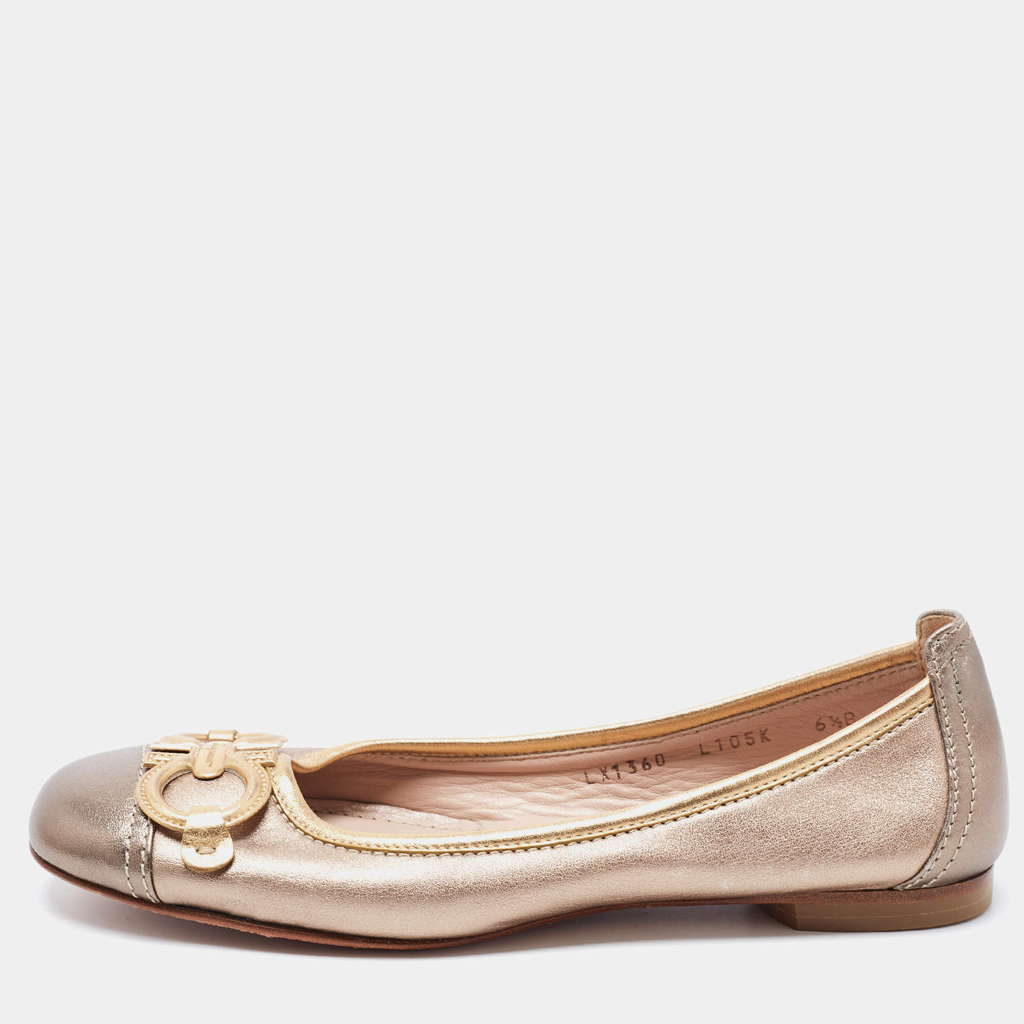 Pre Owned Salvatore Ferragamo Metallic Leather Gancini Ballet Flats Size 37