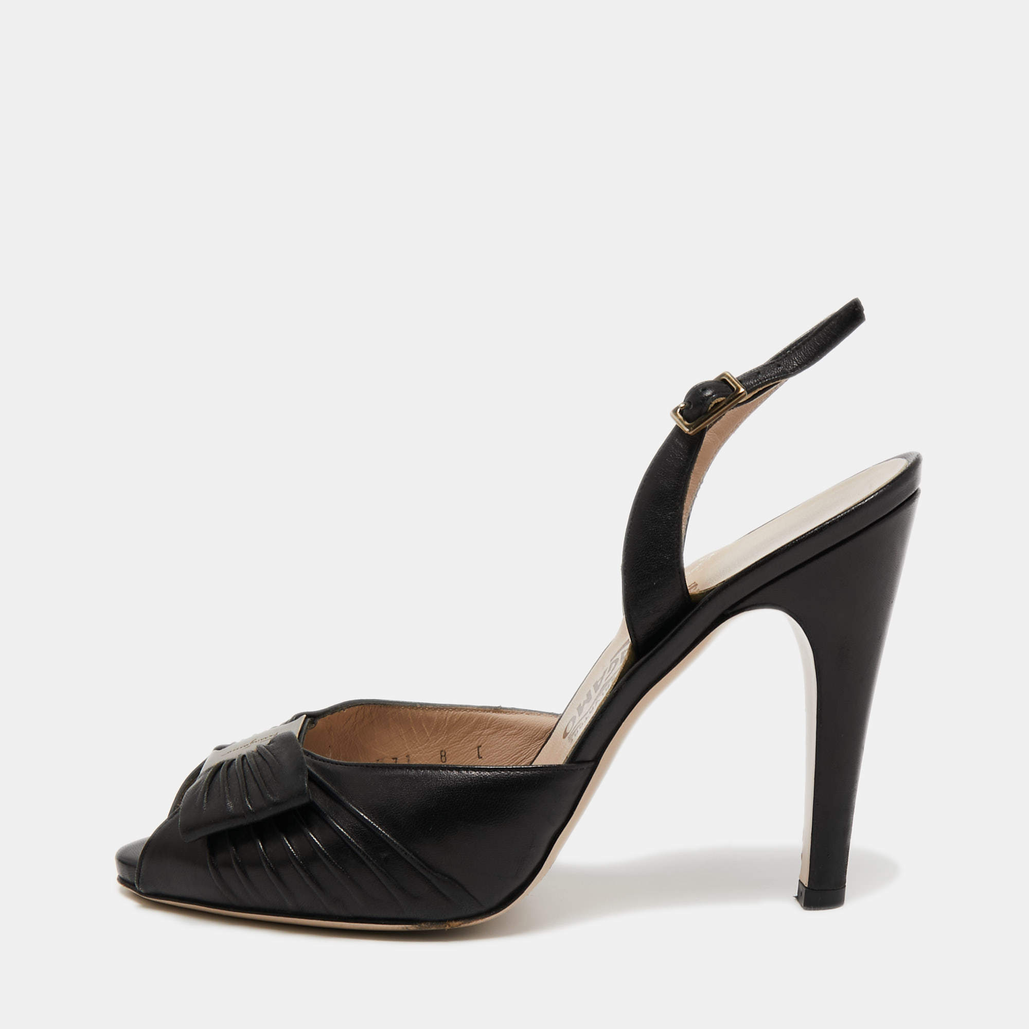 Salvatore Ferragamo Black Leather Open Toe Slingback Shoes Size 8.5 AA