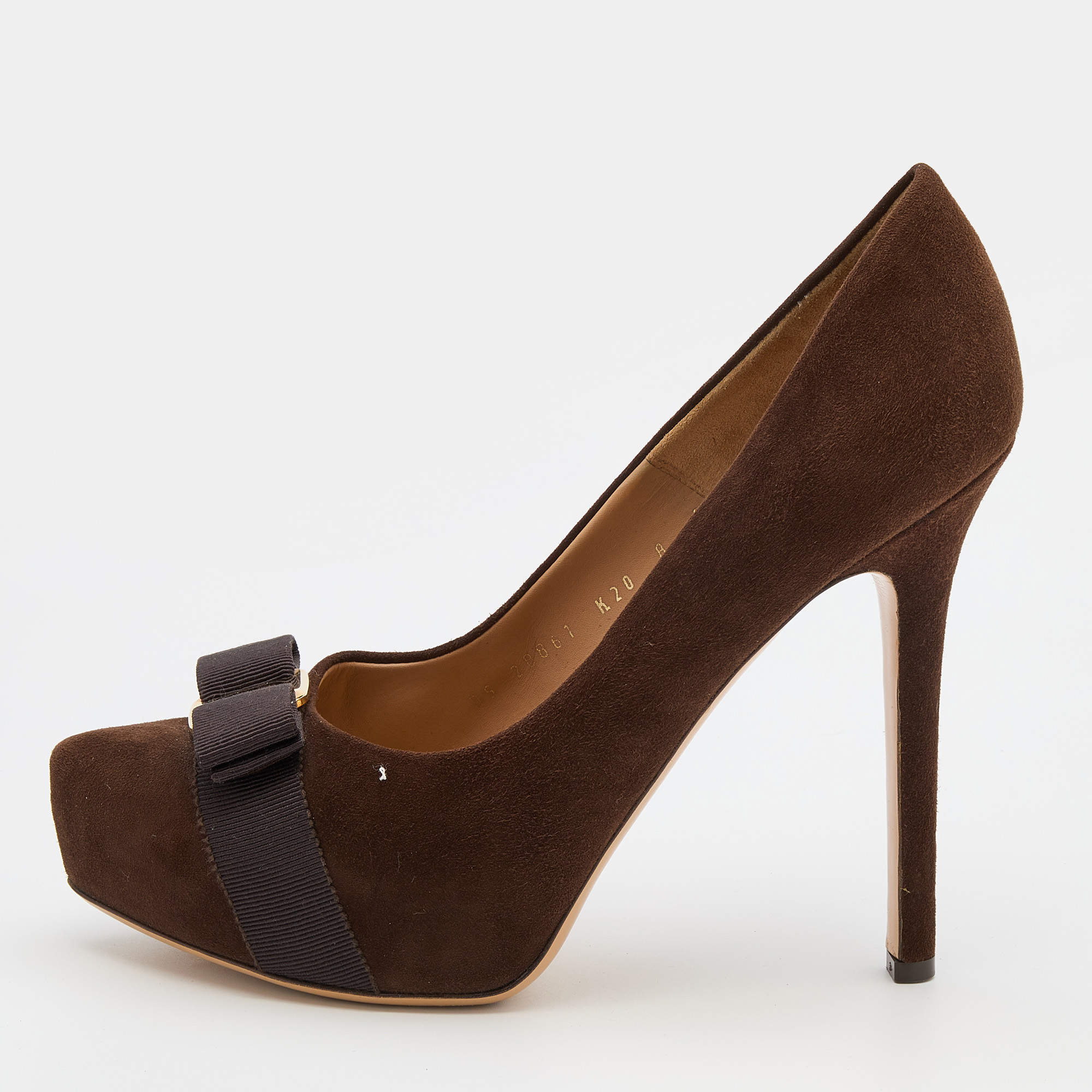 Pre Owned Salvatore Ferragamo Dark Brown Suede Carla Vara Bow Platform Pumps Size 38.5