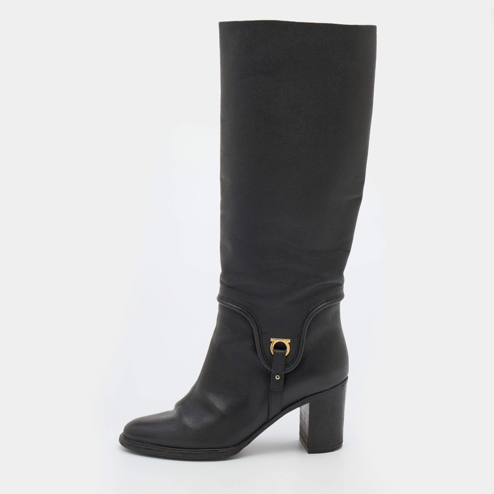 Pre Owned Salvatore Ferragamo Black Leather Knee Length Boots Size 39.5