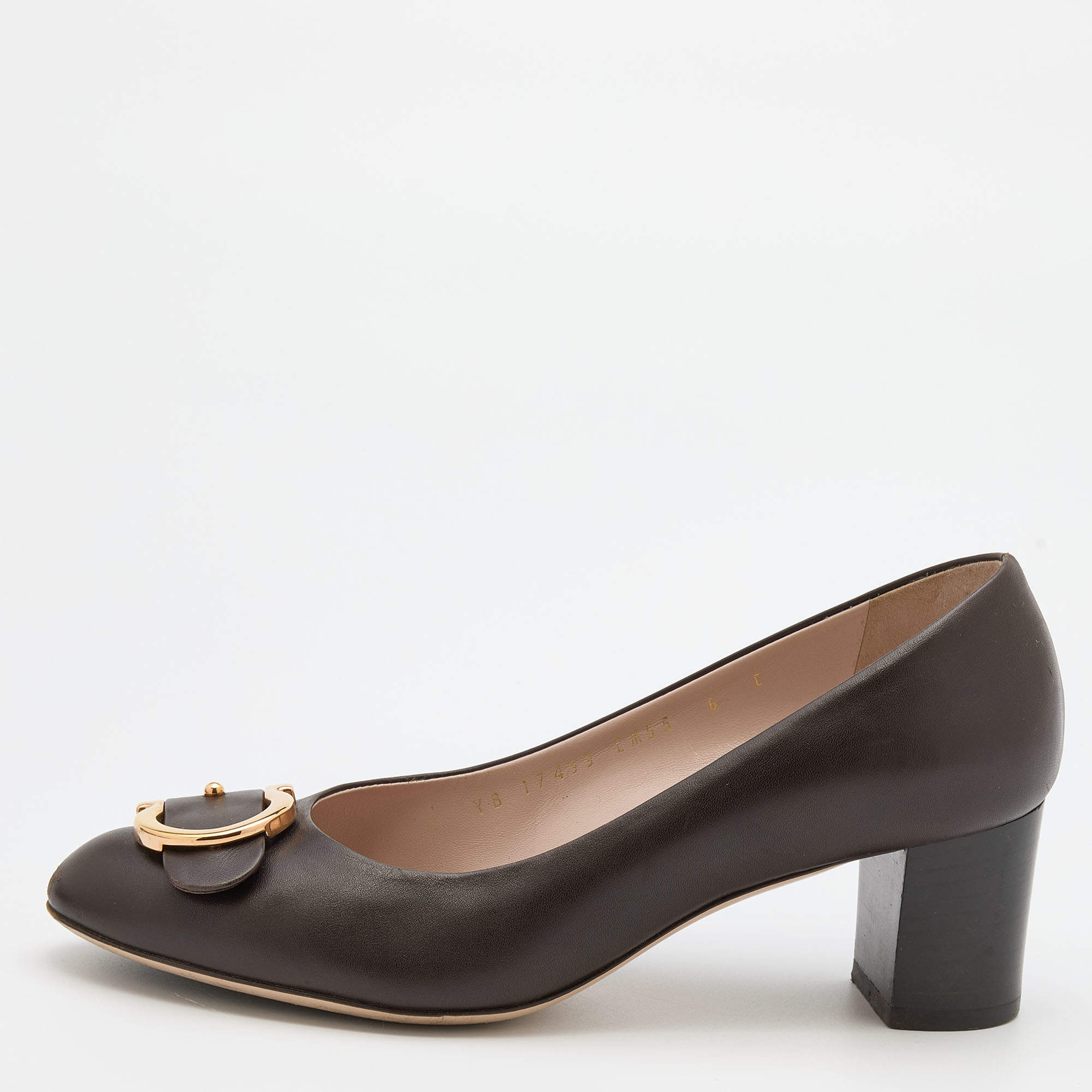 Pre Owned Salvatore Ferragamo Brown Leather Gancini Block Heel Pumps Size 36.5