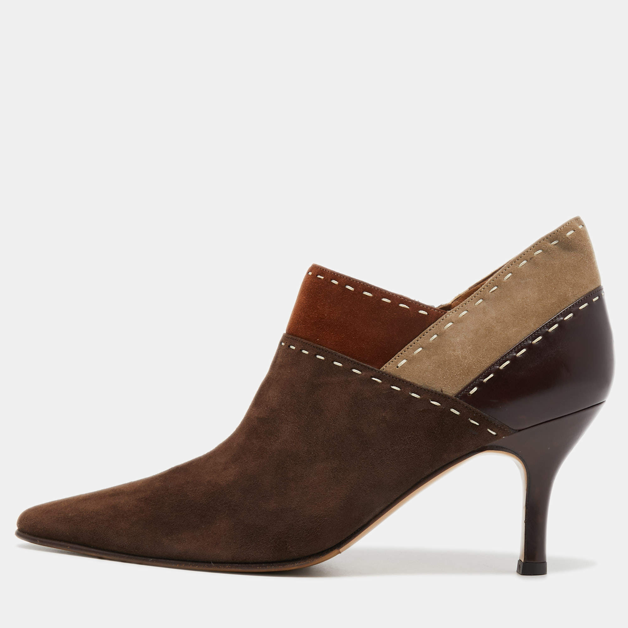 Pre Owned Salvatore Ferragamo Brown Suede and Leather Pointed Toe Ankle Booties Size 40