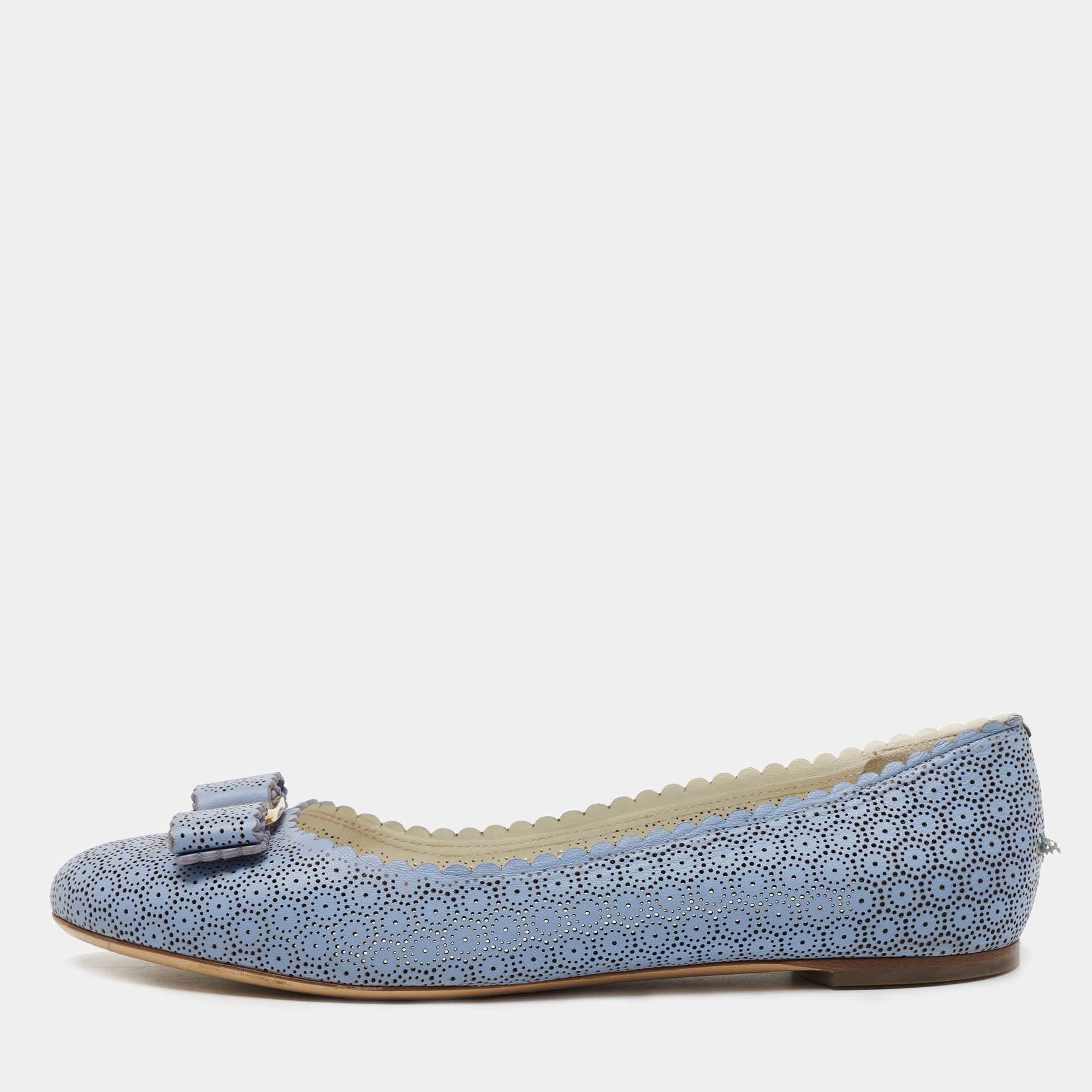 Pre Owned Salvatore Ferragamo Light Blue Laser Cut Leather Varina Ballet Flats Size 39