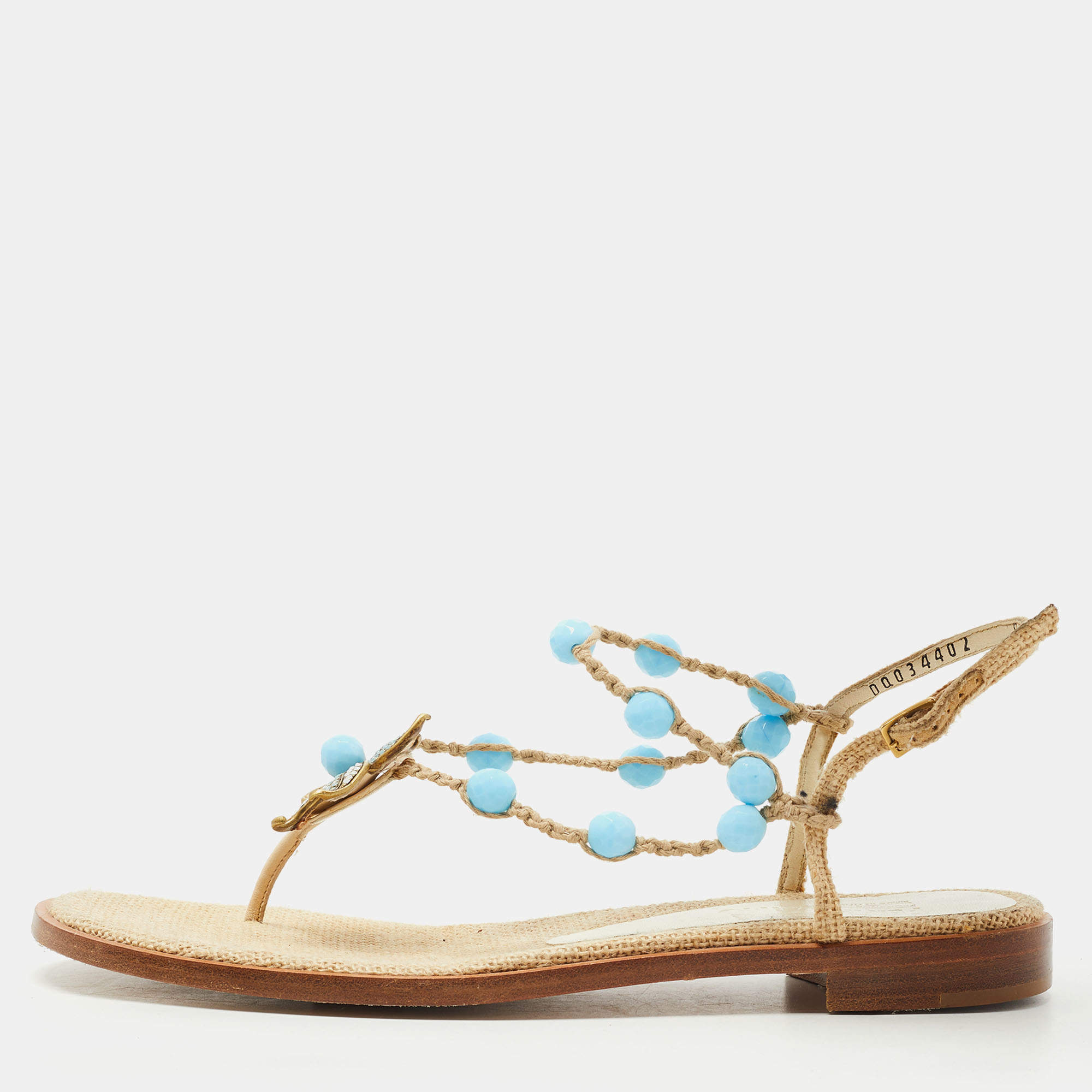 Pre Owned Salvatore Ferragamo Beige/Blue Jute Beads and Crystal Embellished Flat Sandals Size 40
