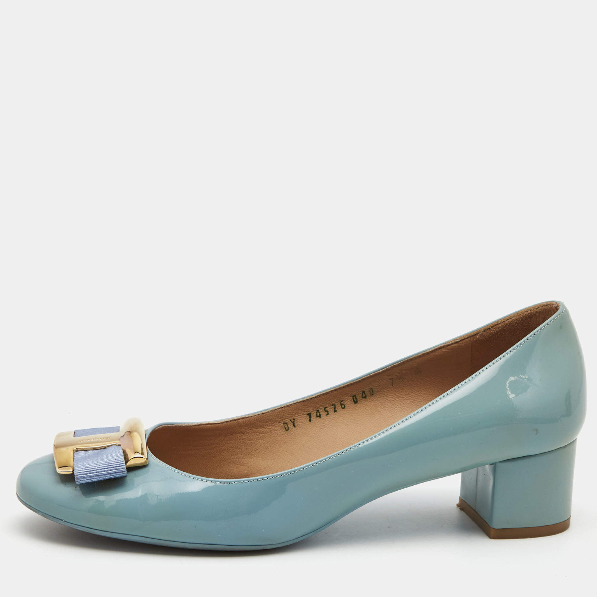 Pre Owned Salvatore Ferragamo Light Blue Patent Leather Alice Pumps Size 38