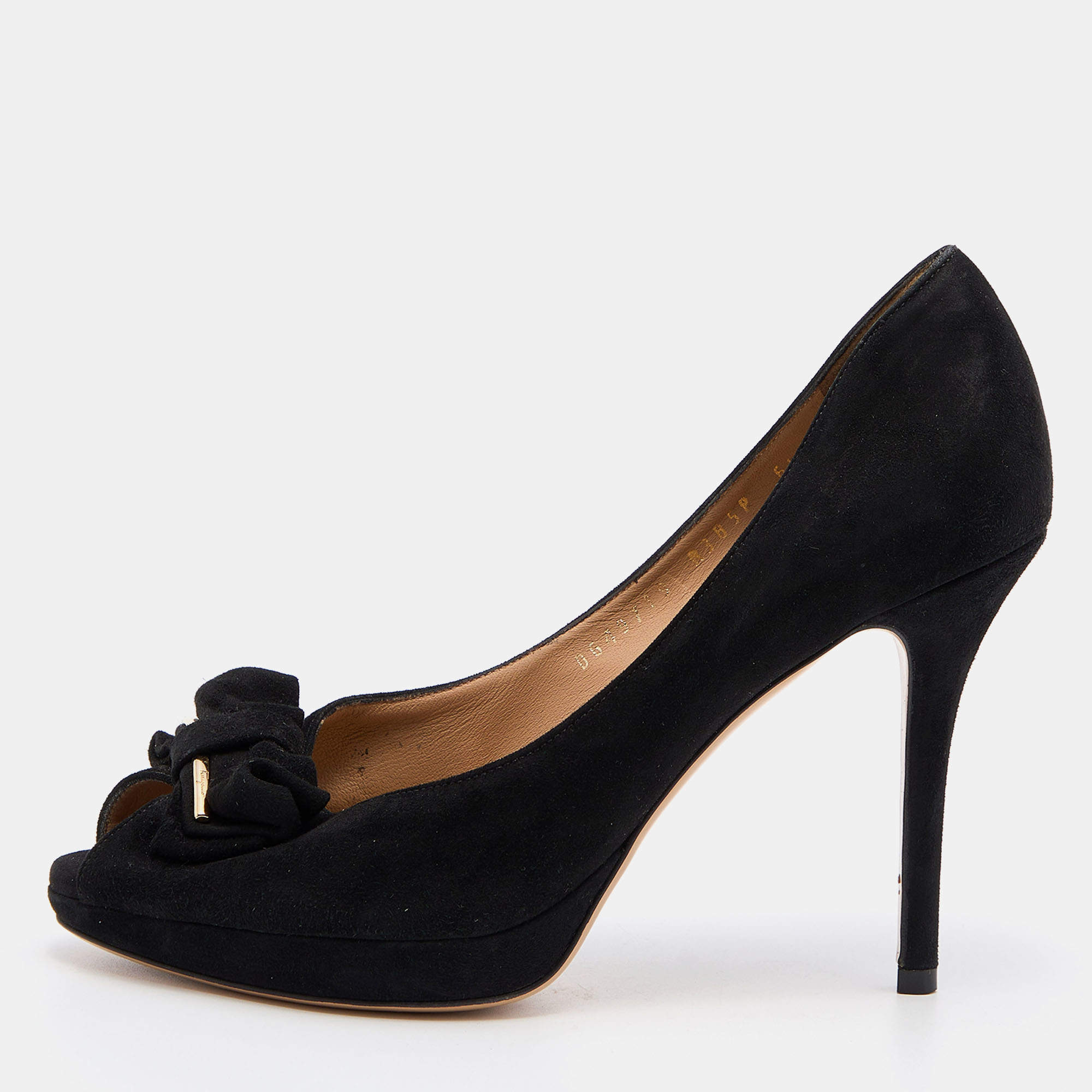 Pre Owned Salvatore Ferragamo Black Suede Rosella Bow Peep Toe Platform Pumps Size 37