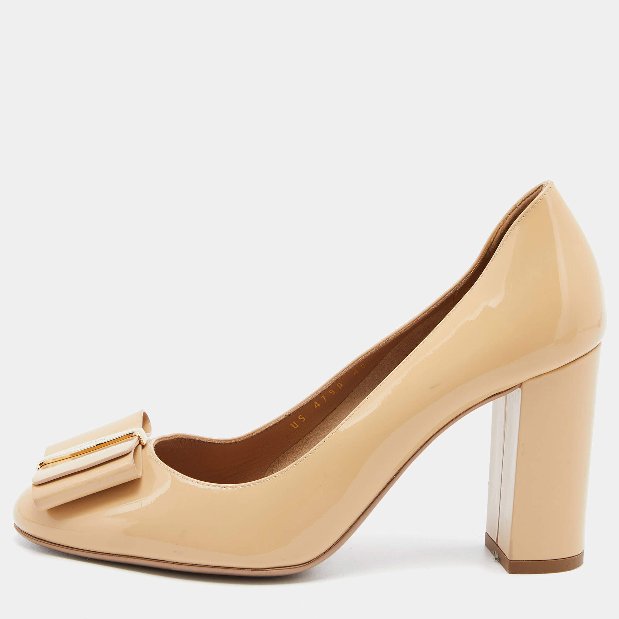 Pre Owned Salvatore Ferragamo Beige Patent Leather Carla Vara Bow Block Heel Pumps Size 37.5