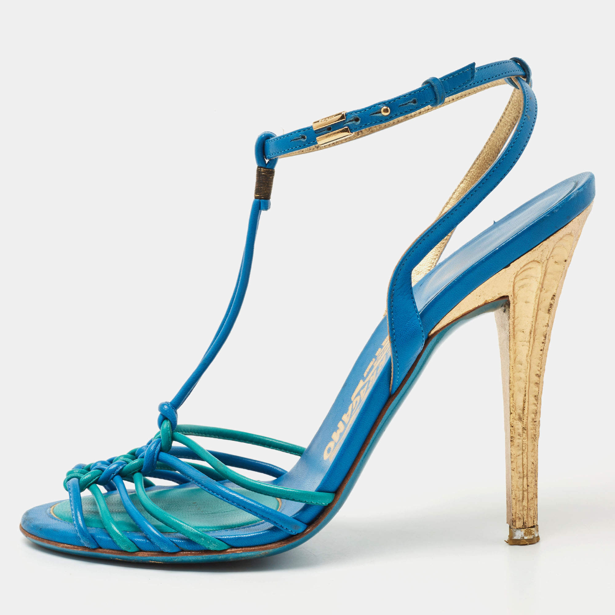 Pre Owned Salvatore Ferragamo Blue Leather Ankle Strap Sandals Size 38.5