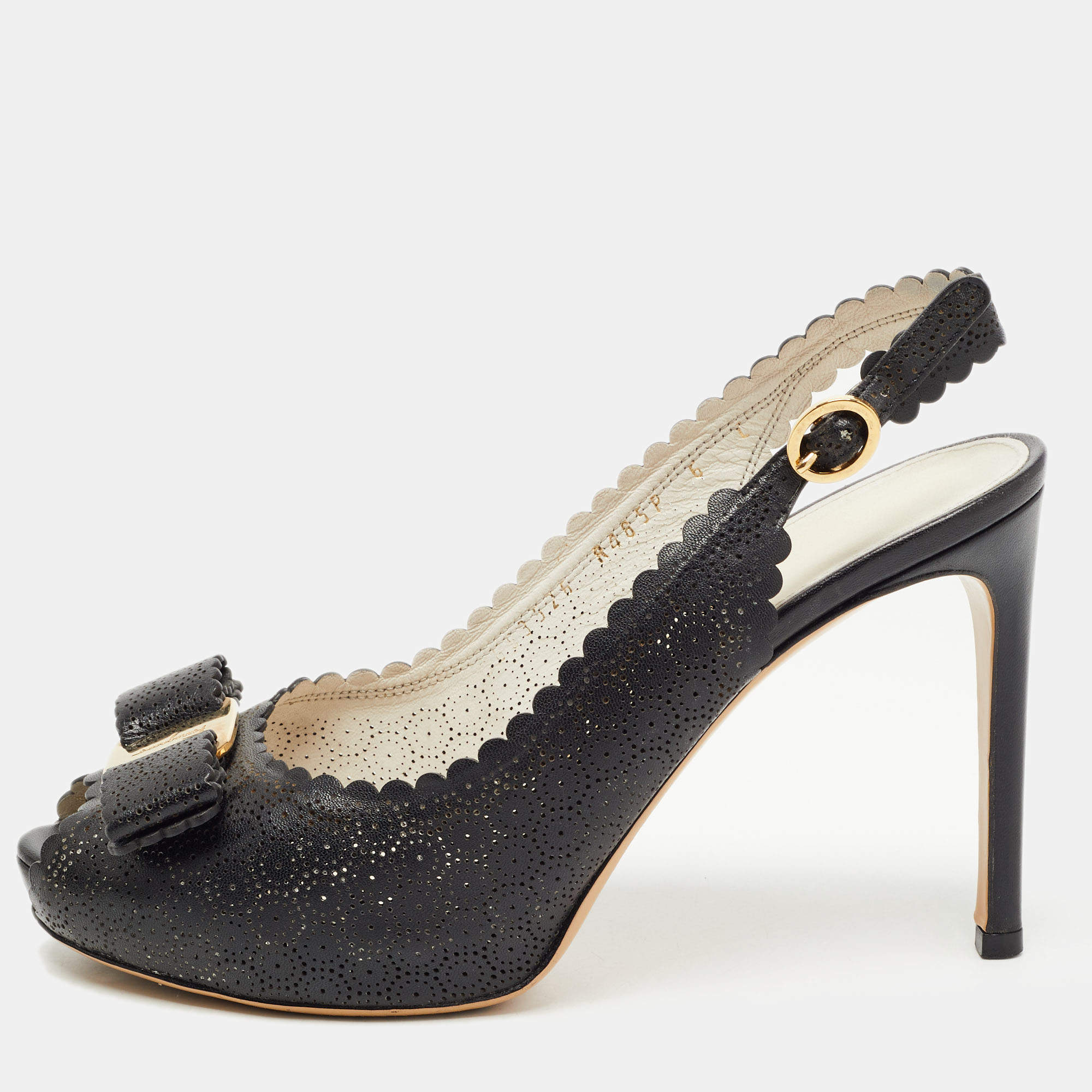 Pre Owned Salvatore Ferragamo Black Leather Vara Bow Slingback Pumps Size 36.5