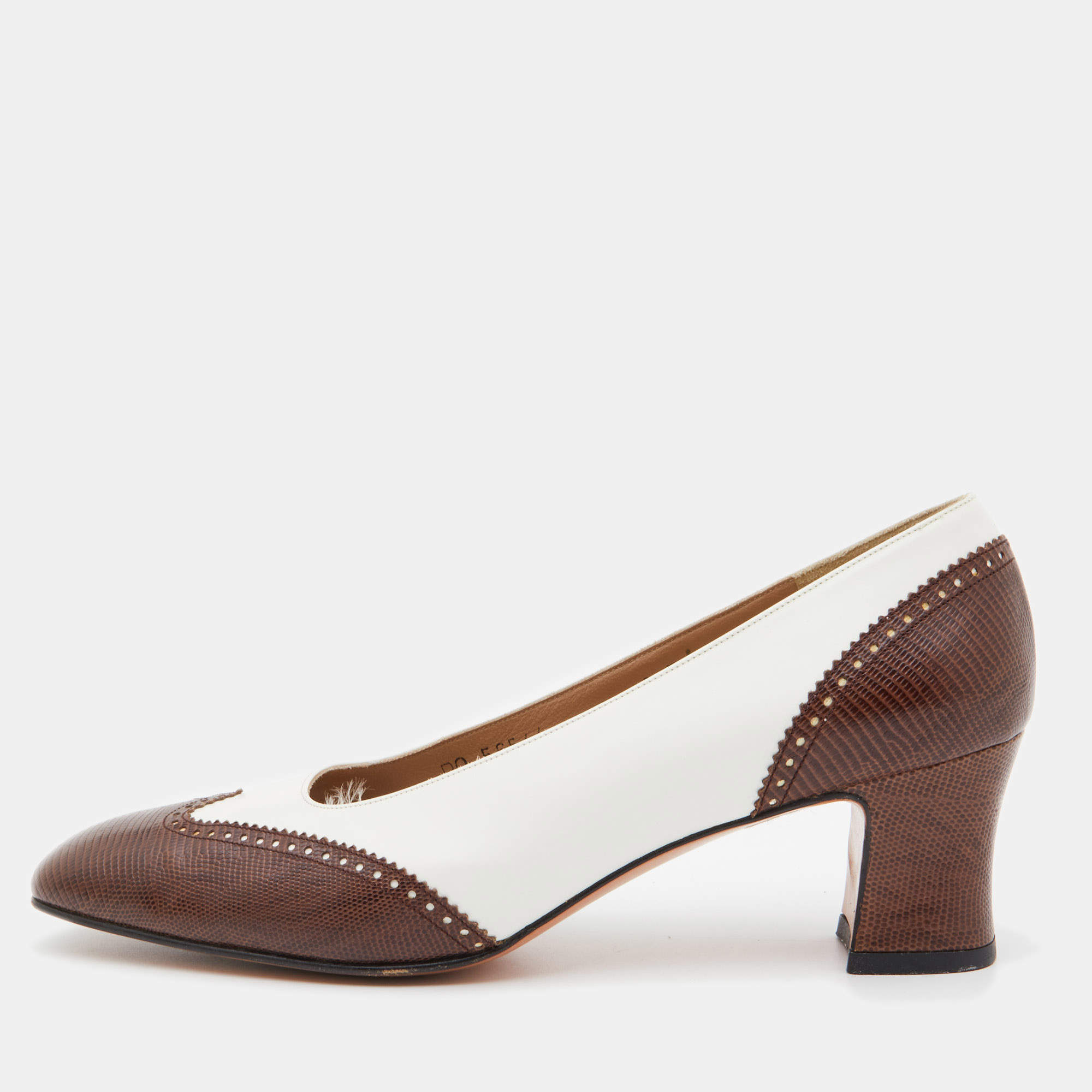 Pre Owned Salvatore Ferragamo Brown/White Embossed Lizard and Leather Pumps Size 39