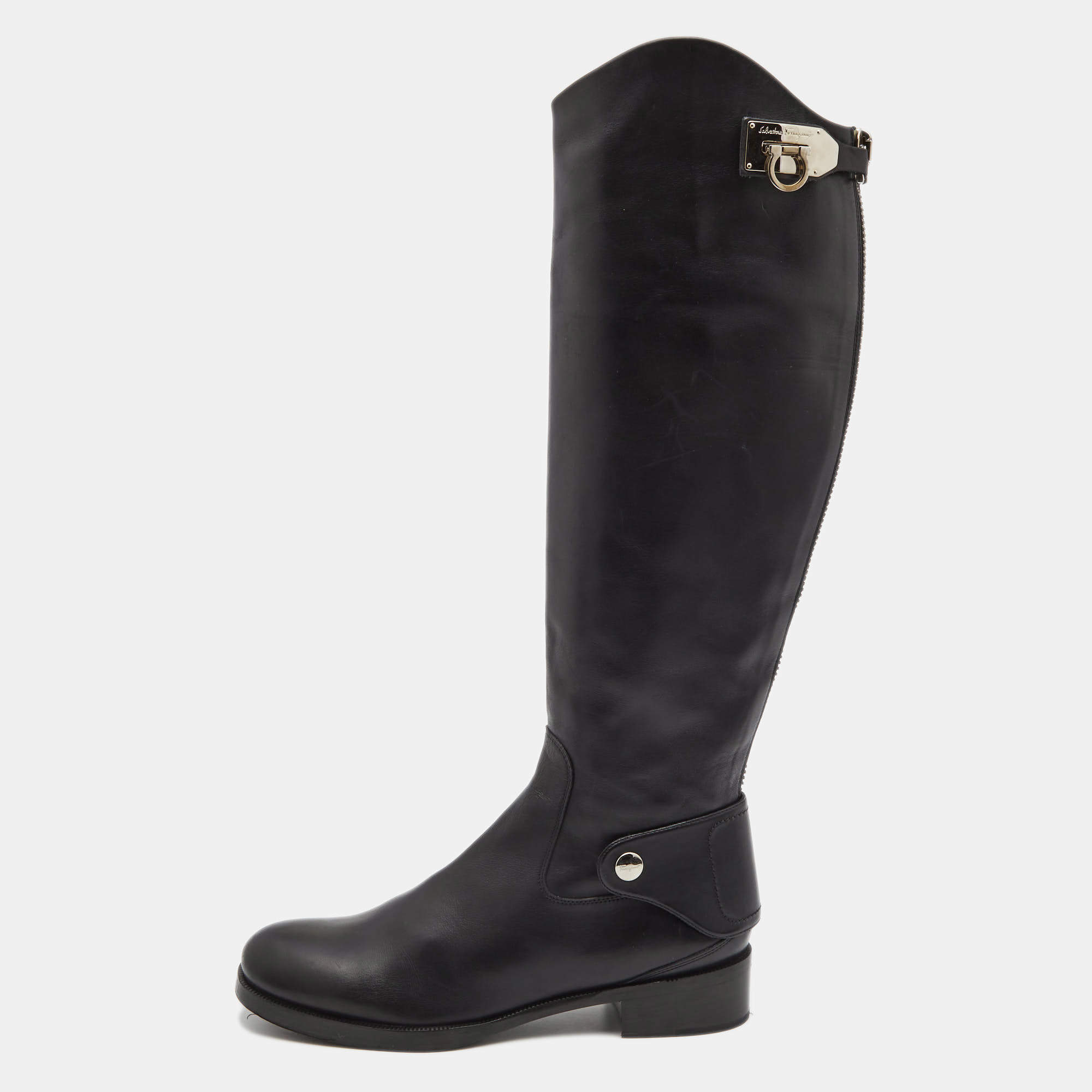 Pre Owned Salvatore Ferragamo Black Leather Knee Length Boots Size 37.5
