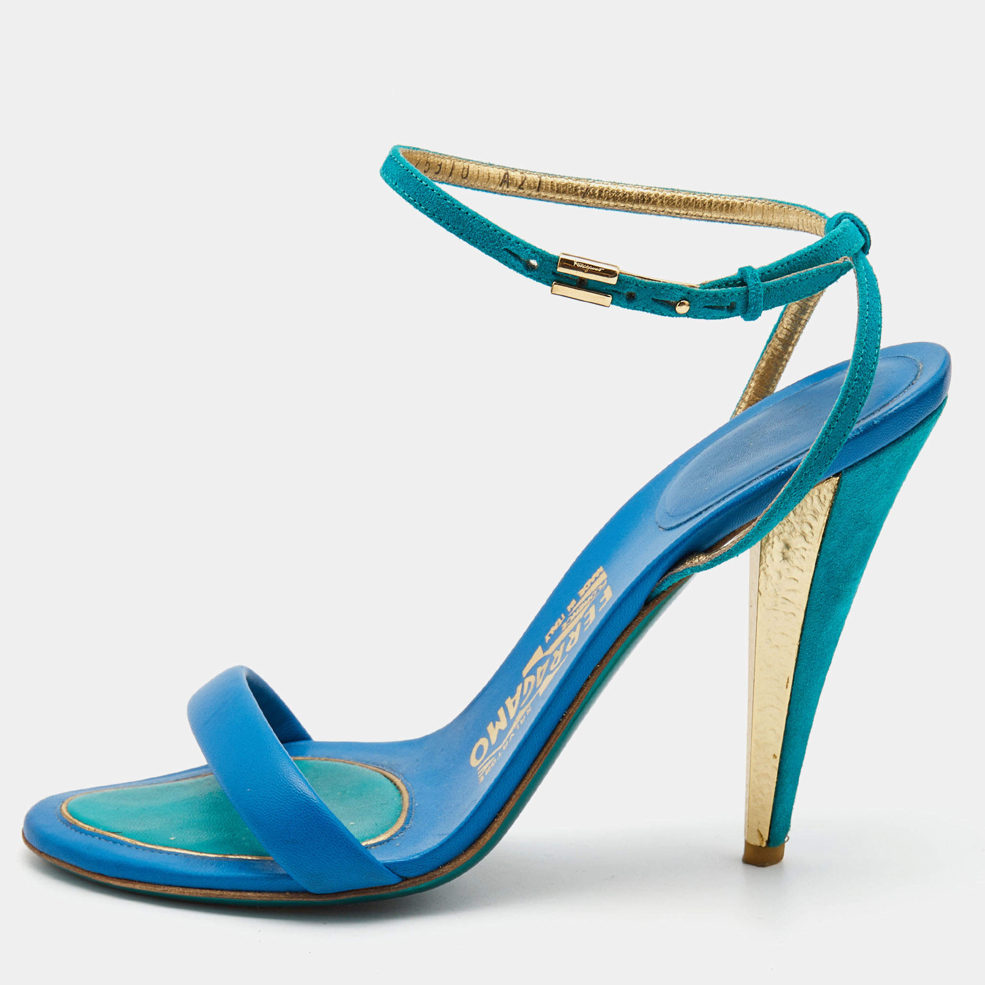 Pre Owned Salvatore Ferragamo Blue/Green Leather and Suede Ankle Strap Sandals Size 37.5