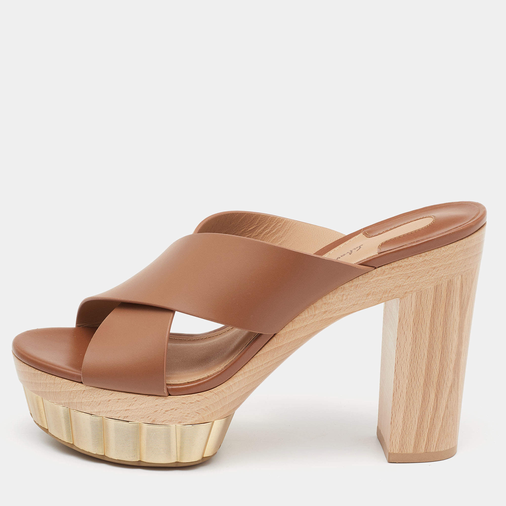 Pre Owned Salvatore Ferragamo Brown Leather Criss Cross Block Heel Clog Slides Size 37.5