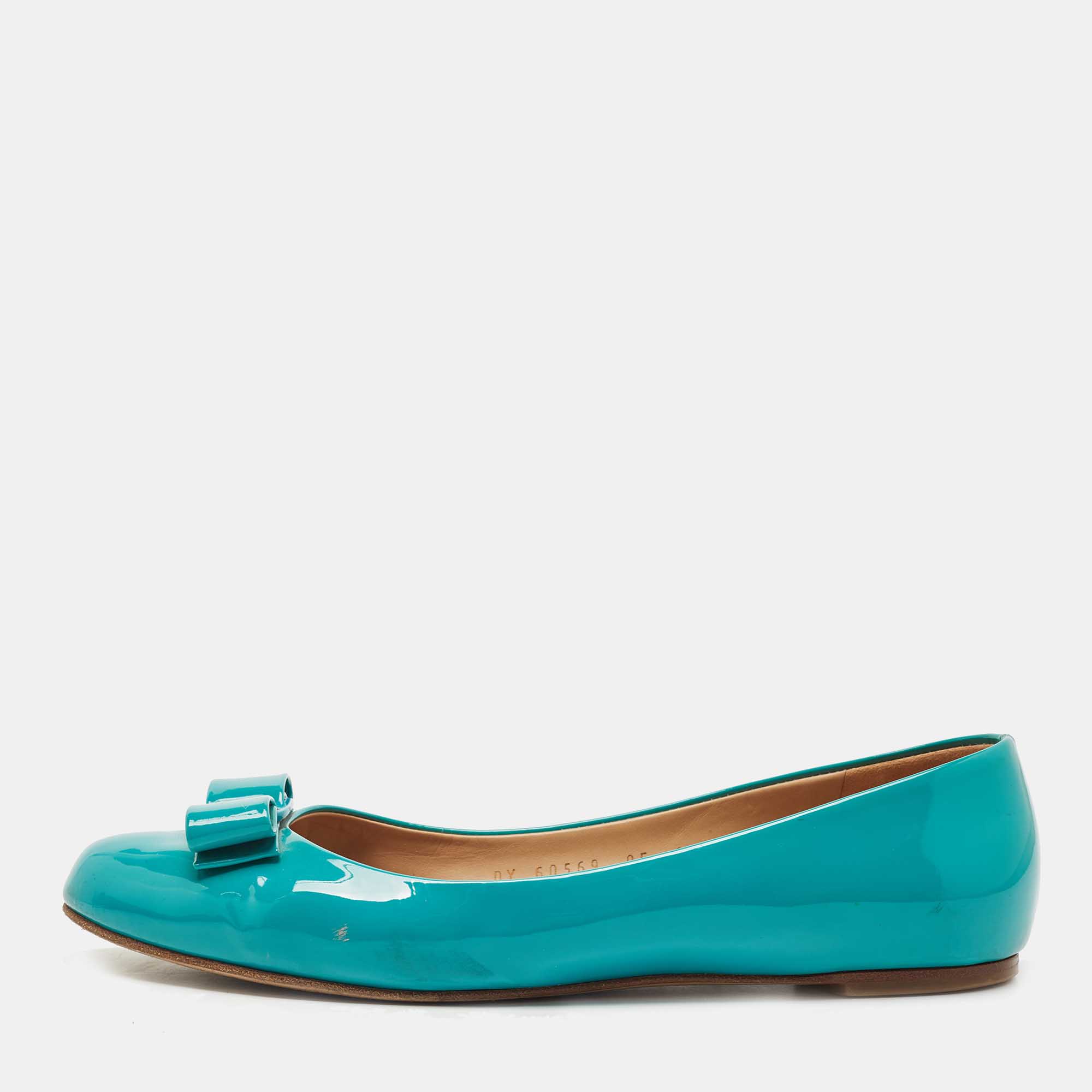 Pre Owned Salvatore Ferragamo Turquoise Patent Leather Varina Ballet Flats Size 39.5