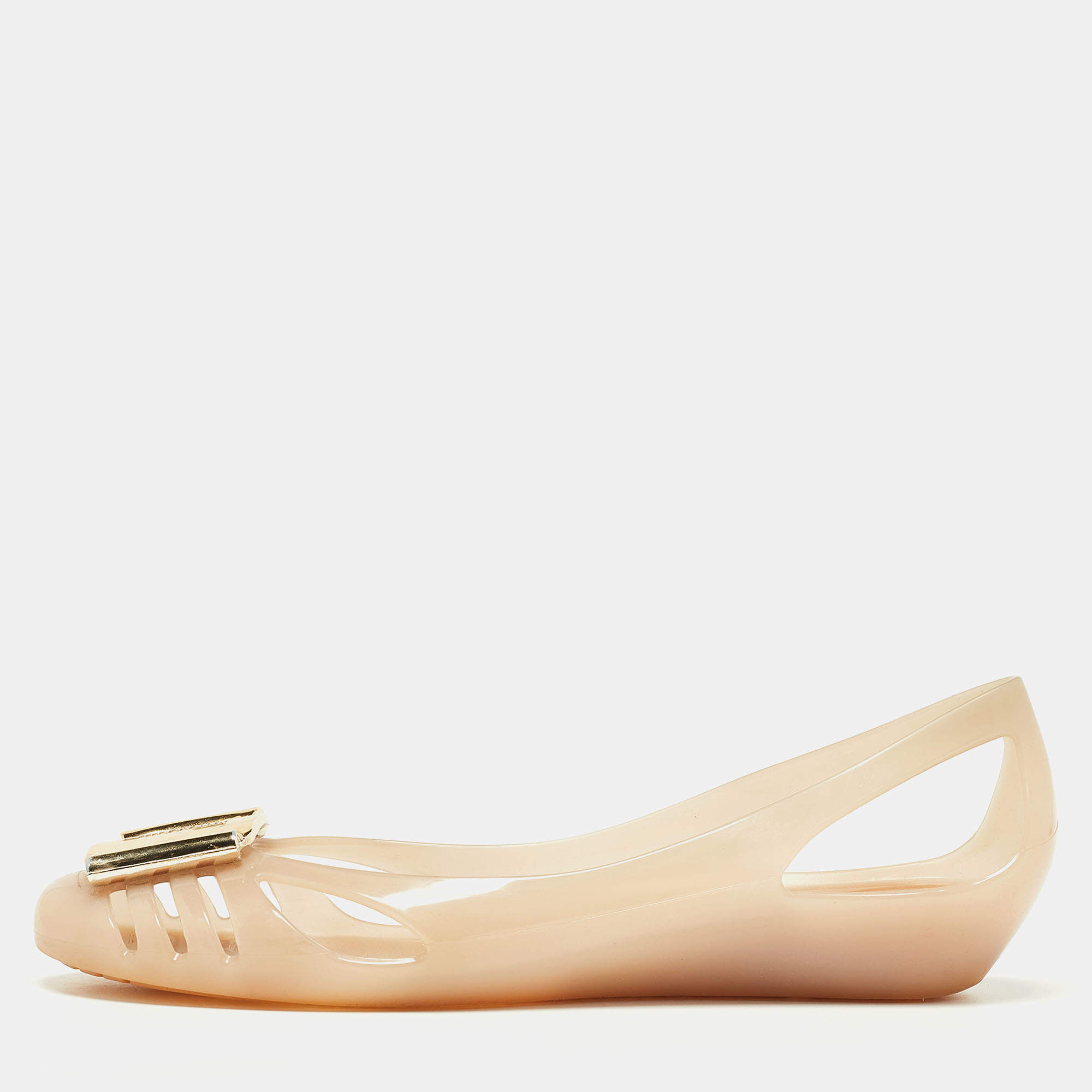 Pre Owned Salvatore Ferragamo Beige PVC Bermuda Ballet Flats Size 37.5