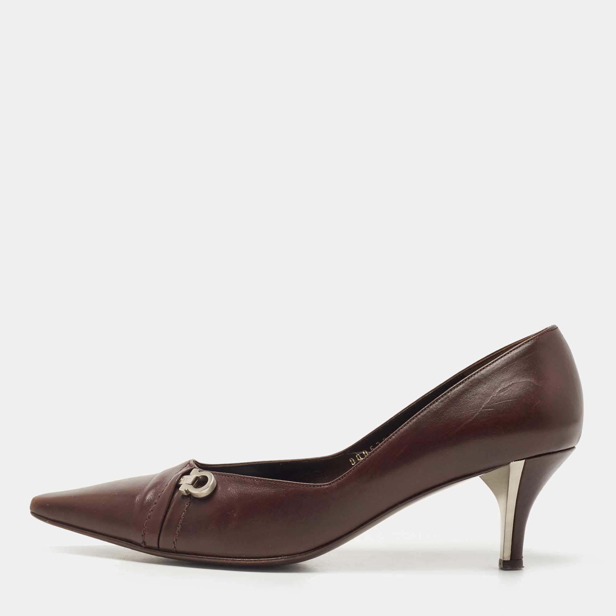 Pre Owned Salvatore Ferragamo Brown Leather Gancio Pointed Toe Pumps Size 39.5