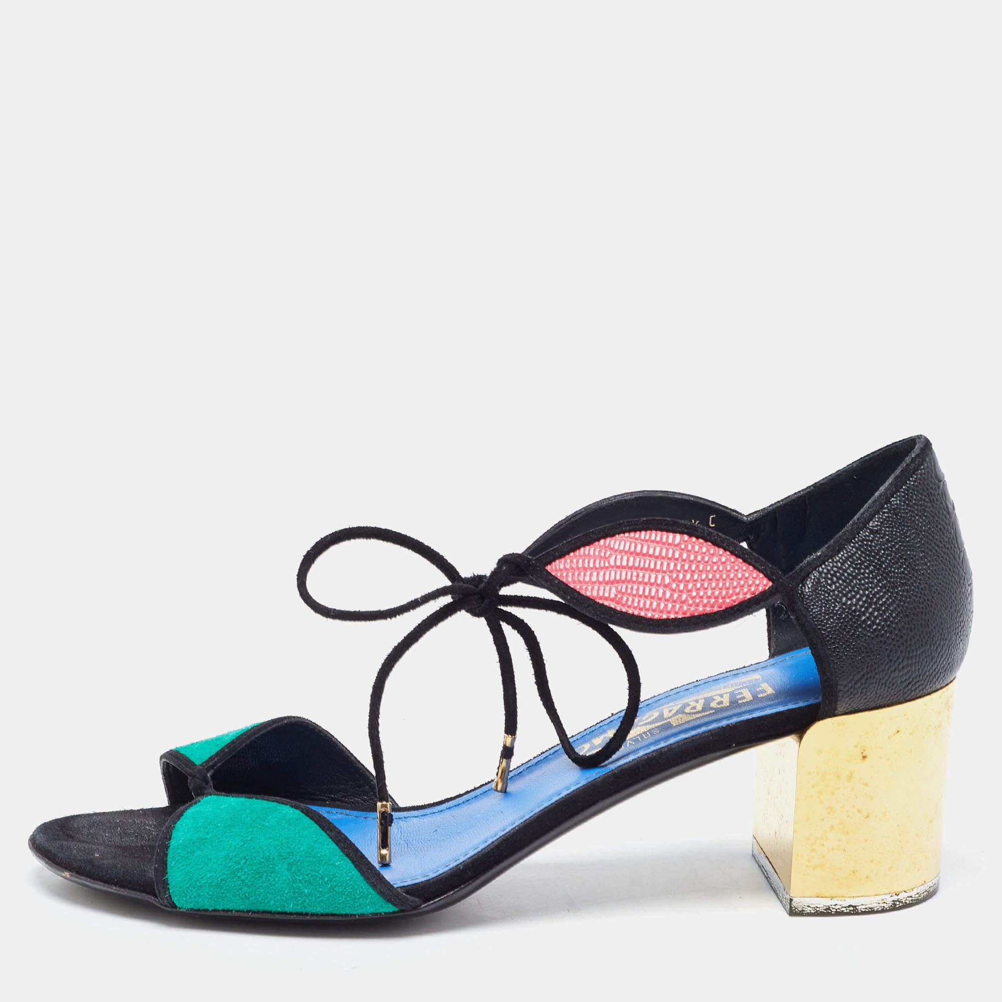 Salvatore Ferragamo Tricolor Suede and Lizard Ankle Tie Sandals Size 37