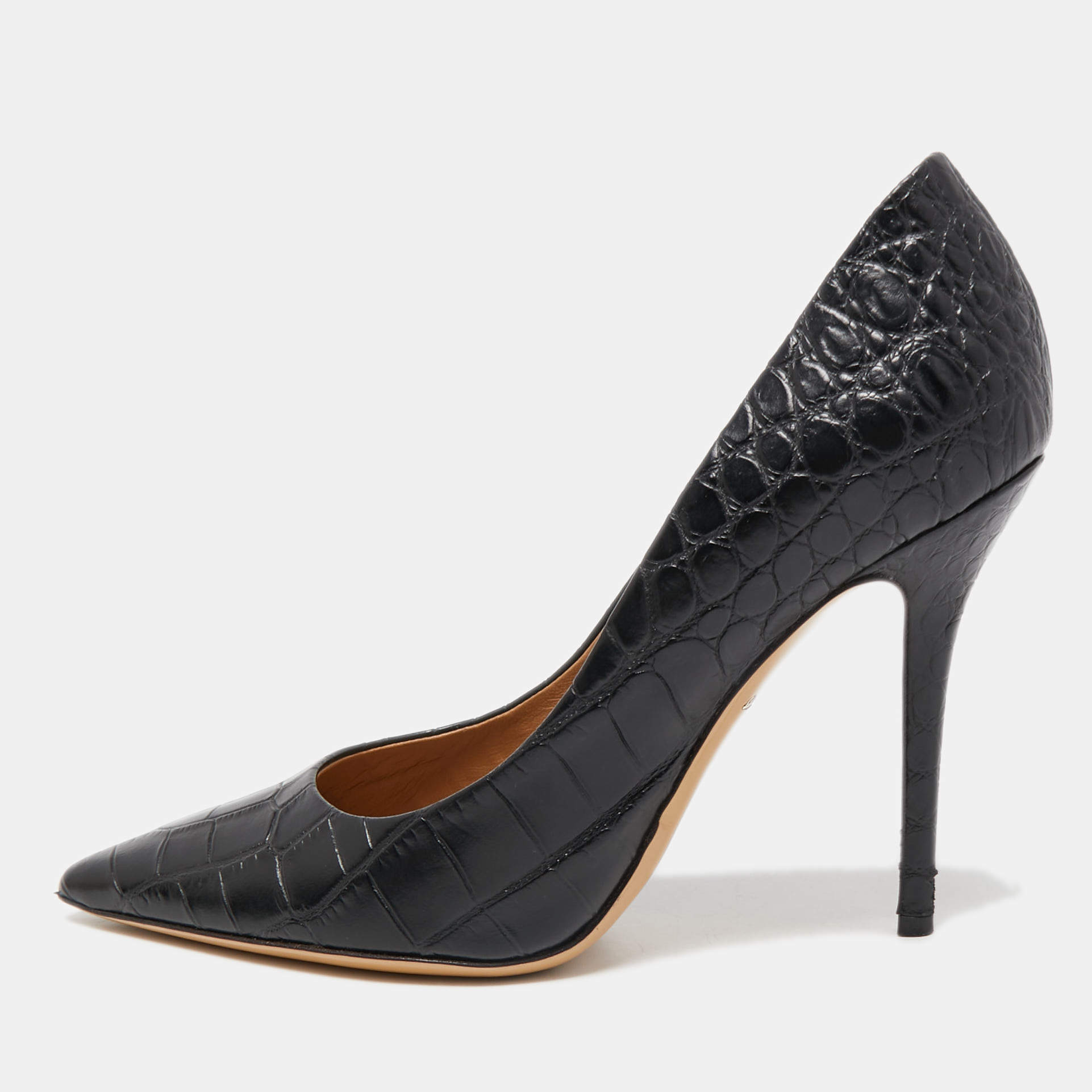 مملوكة مسبقًا Salvatore Ferragamo Black Croc Embossed Leather Pointed Toe Pumps Size 40.5