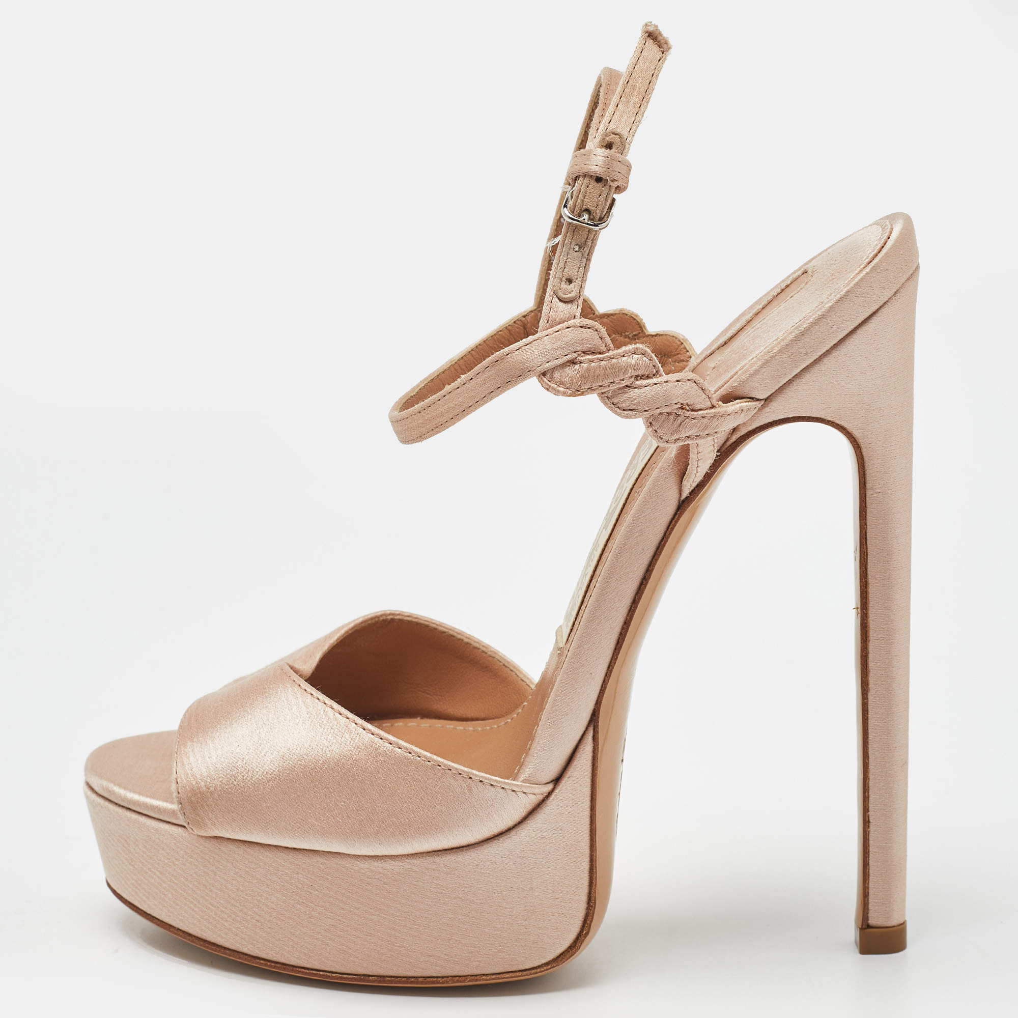 Pre Owned Salvatore Ferragamo Beige Satin Ankle Strap Platform Sandals Size 35