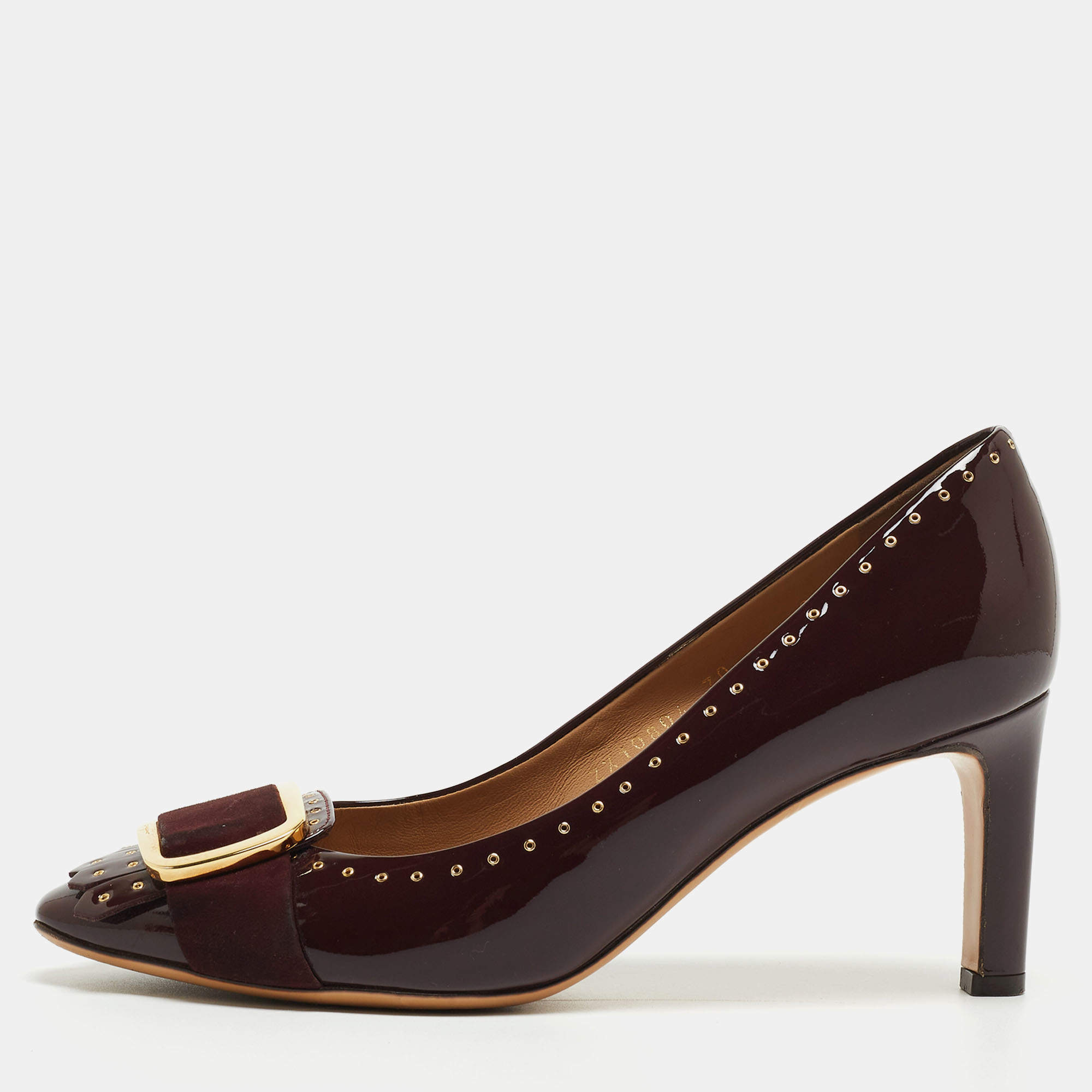 Pre Owned Salvatore Ferragamo Burgundy Patent Leather Fringe Detail Pumps Size 37.5
