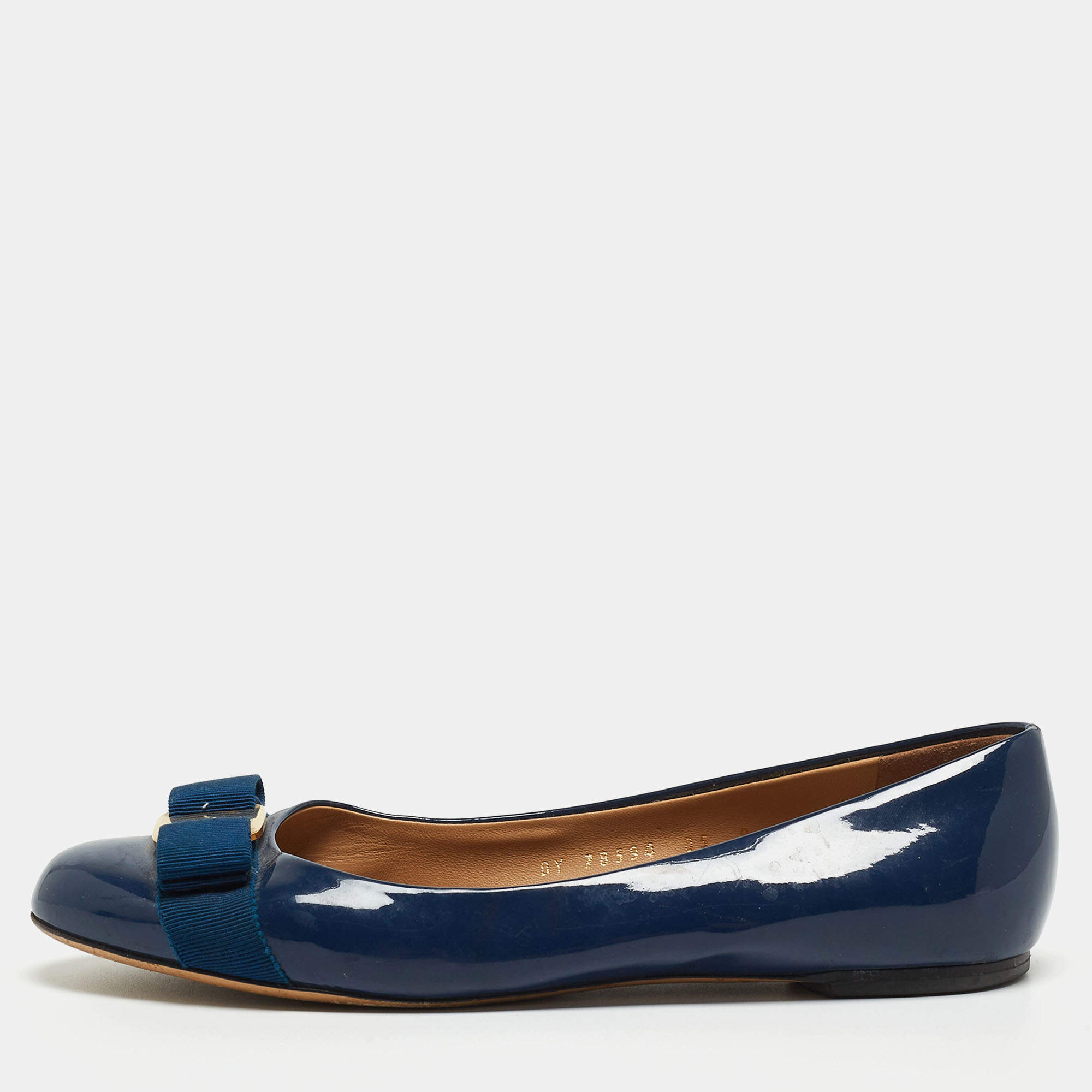 Pre Owned Salvatore Ferragamo Blue Patent Leather Vara Bow Ballet Flats Size 38.5