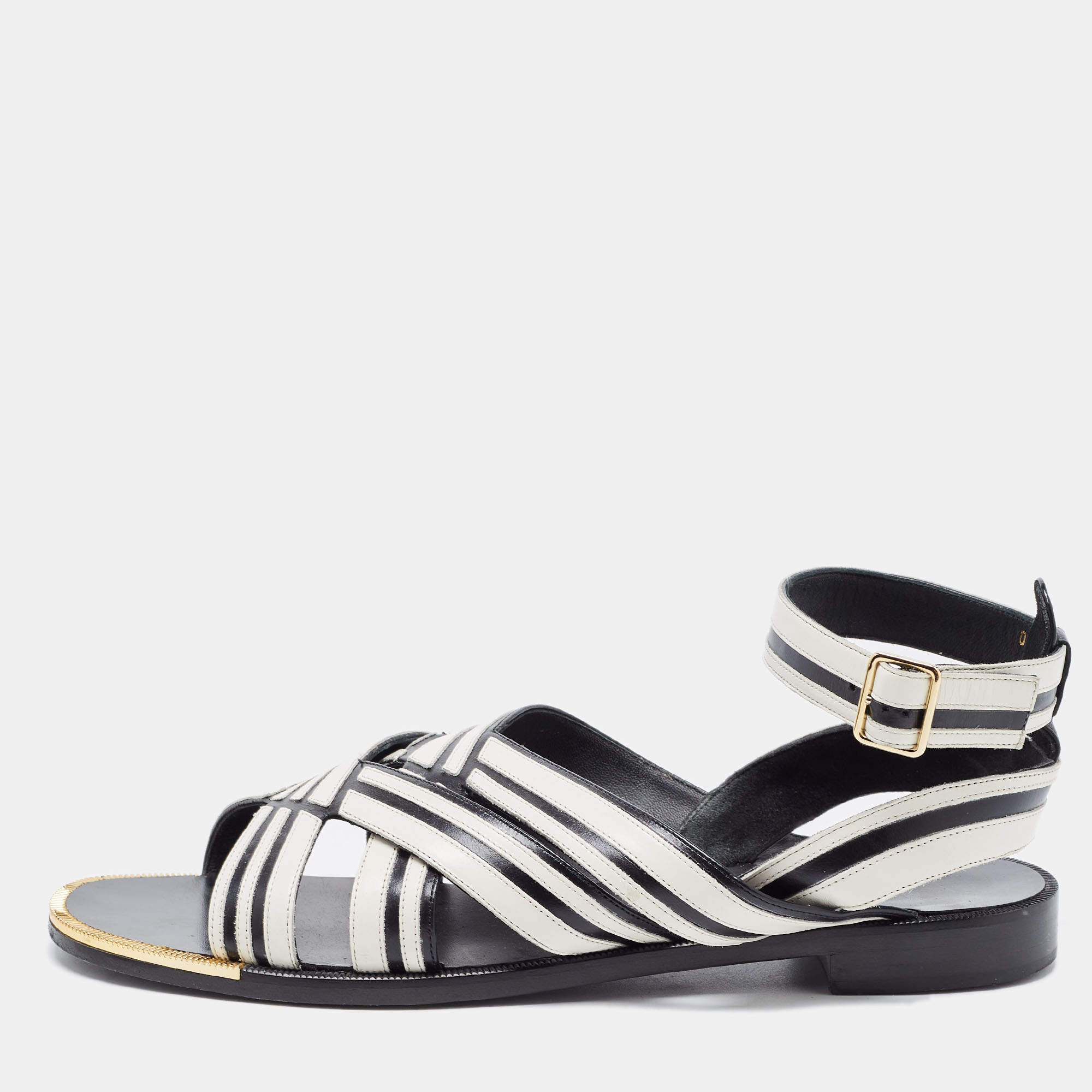 Pre Owned Salvatore Ferragamo Black/White Leather Ankle Strap Sandals Size 40 