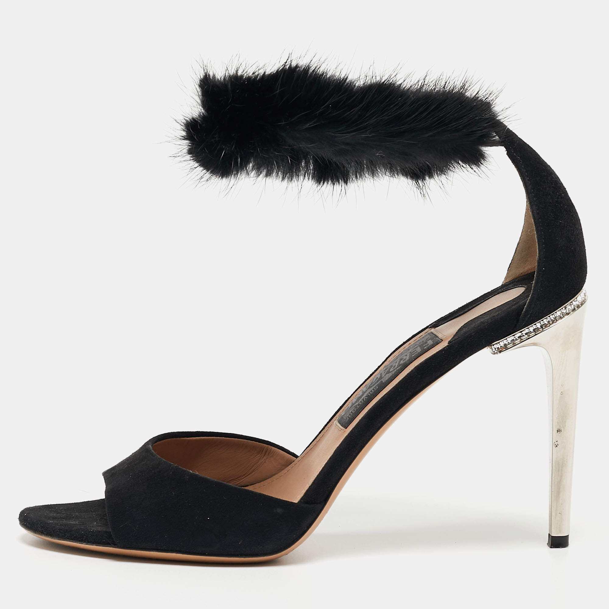 Pre Owned Salvatore Ferragamo Black Suede and Fur Ankle Strap Sandals Size 39