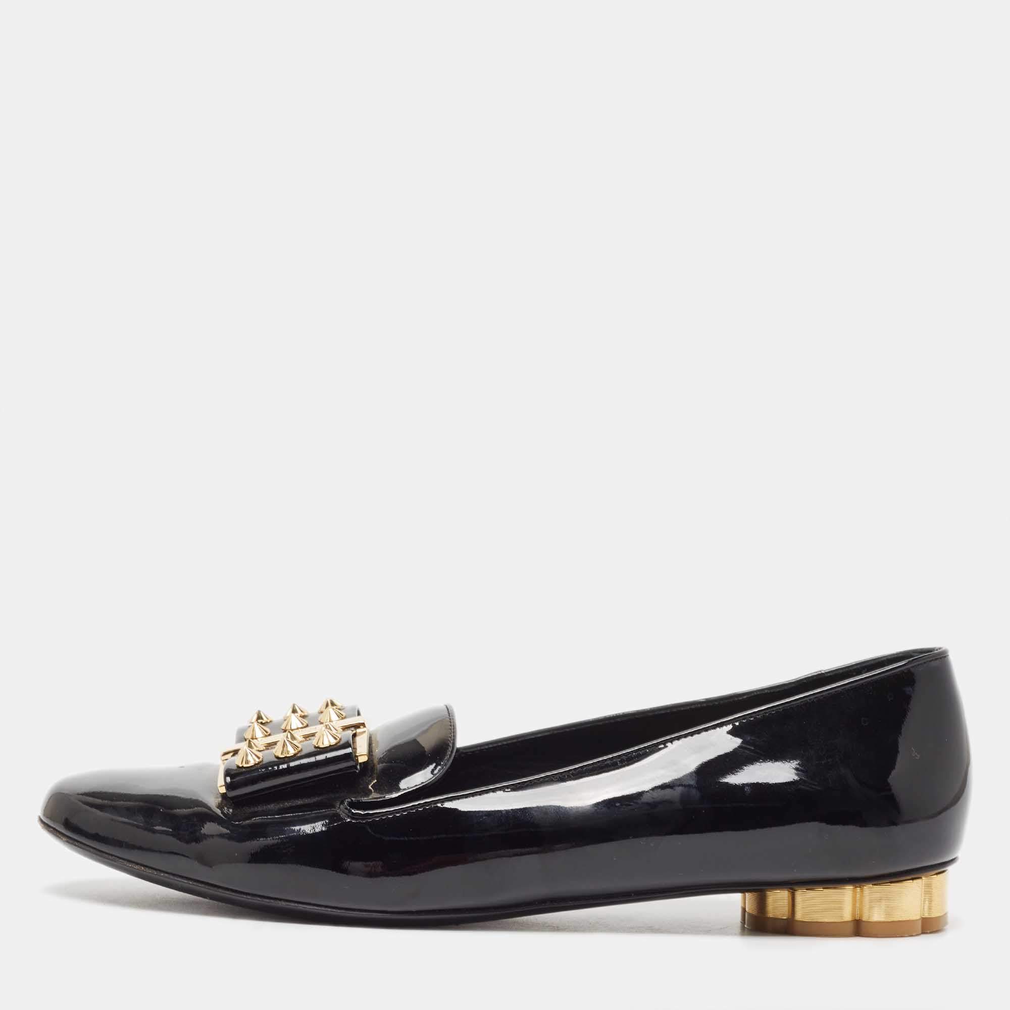 Pre Owned Salvatore Ferragamo Black Patent Leather Smoking Slippers Size 40.5